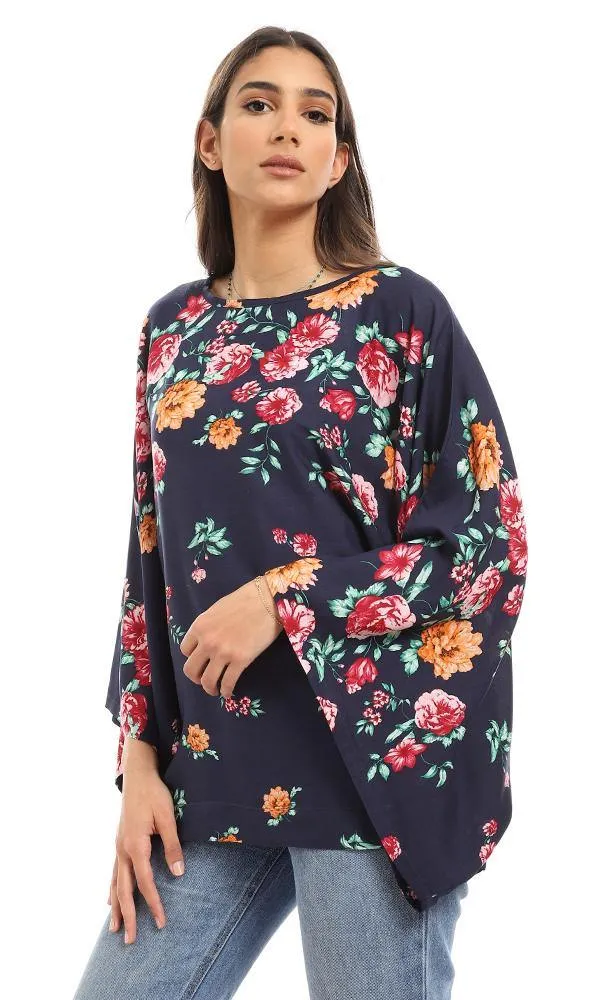 57919 Round Neck Loose Fit Floral Blouse - Navy Blue