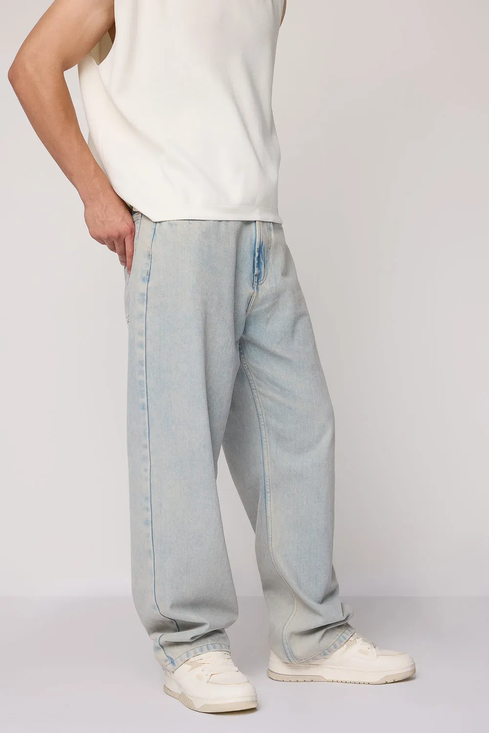 Stylish Aqua Blue Light Wash Mens Baggy Fit Jeans - Comfortable & Trendy Casual Wear