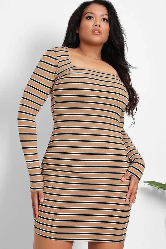 Beige Square Neckline Stripy Dress