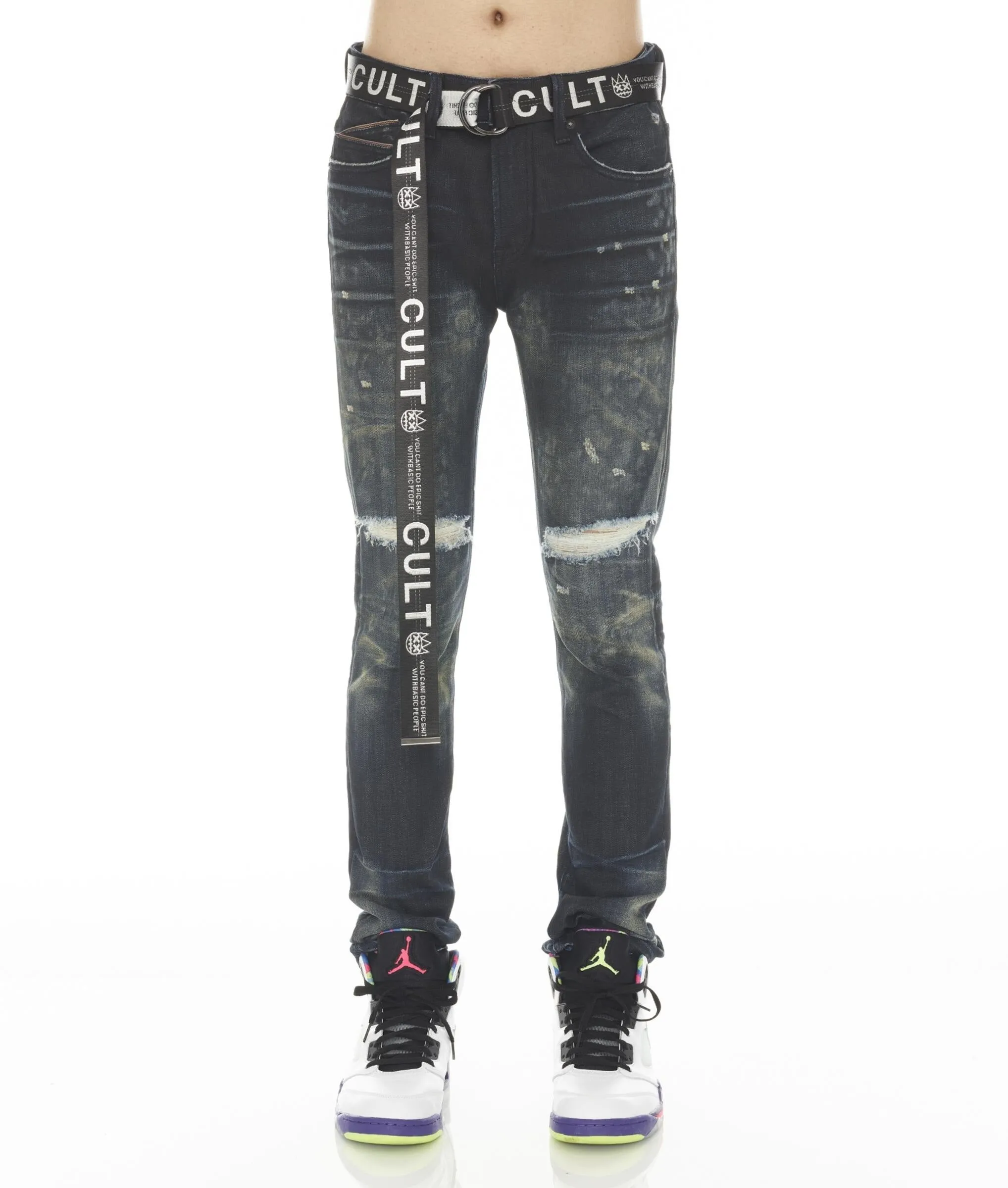 Dark Blue Ripped Denim Jeans with Belted Design