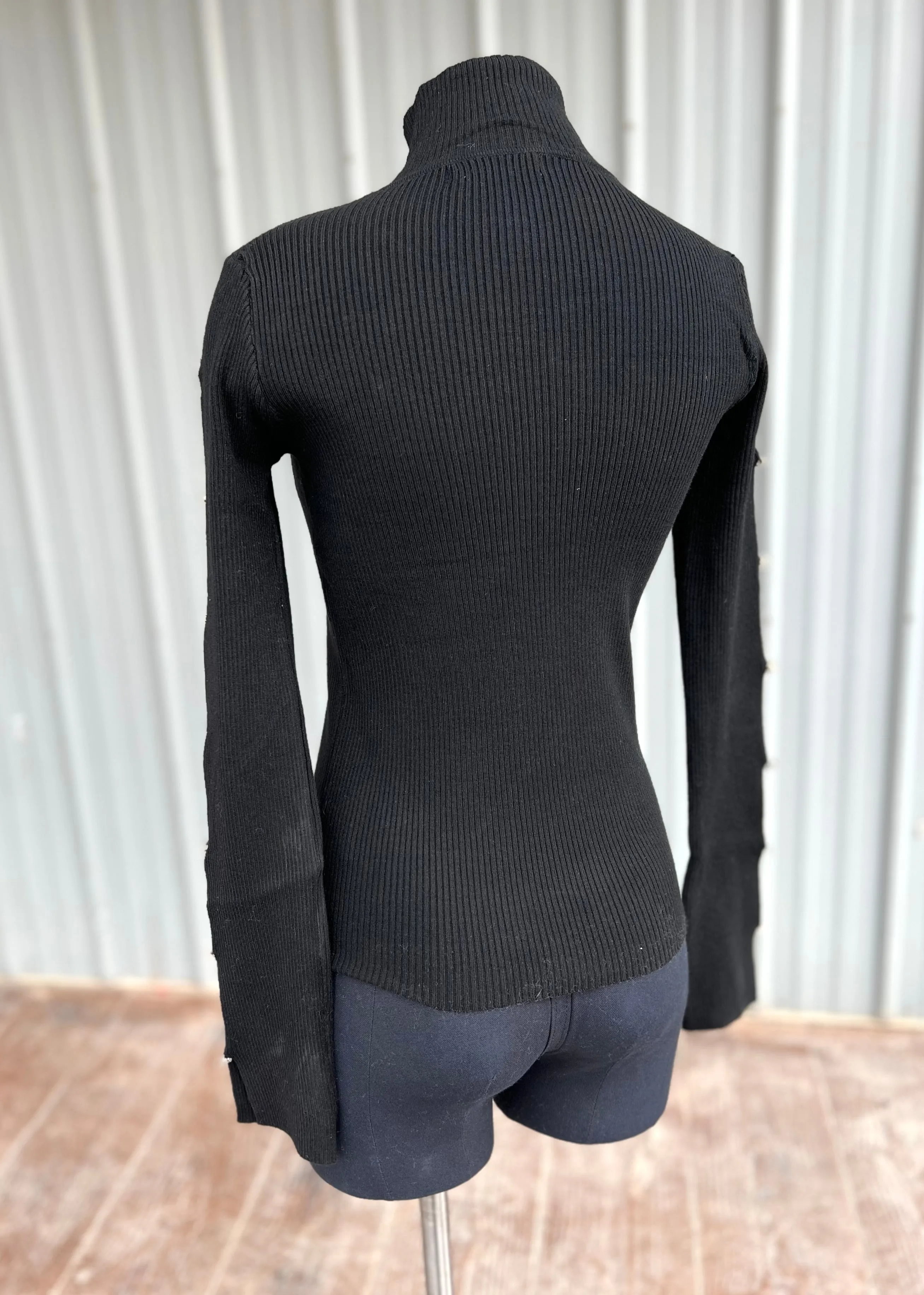 Black Ribbed Turtleneck with Crystal Sleeves