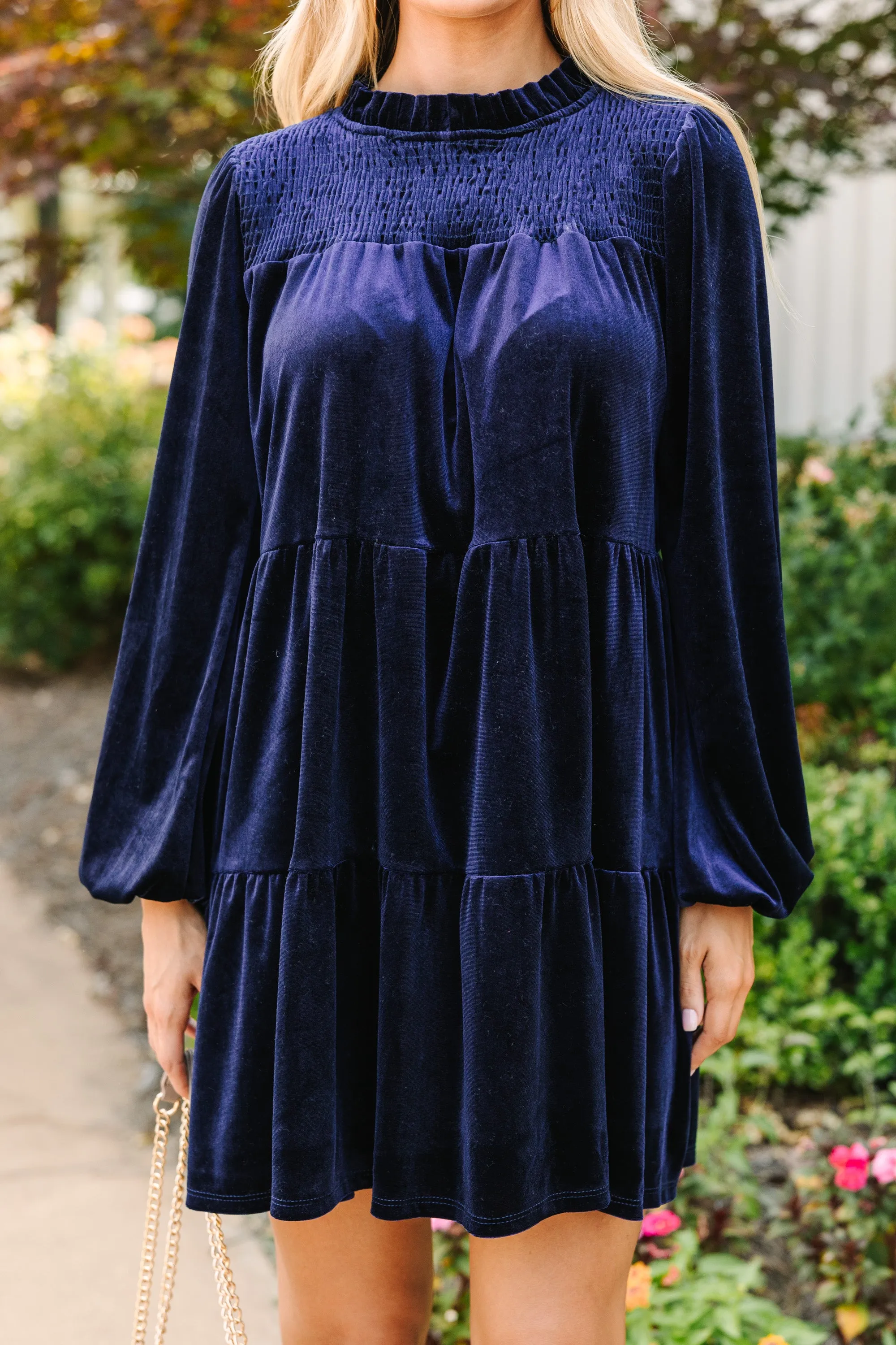 Come On Over Navy Blue Velvet Babydoll Dress