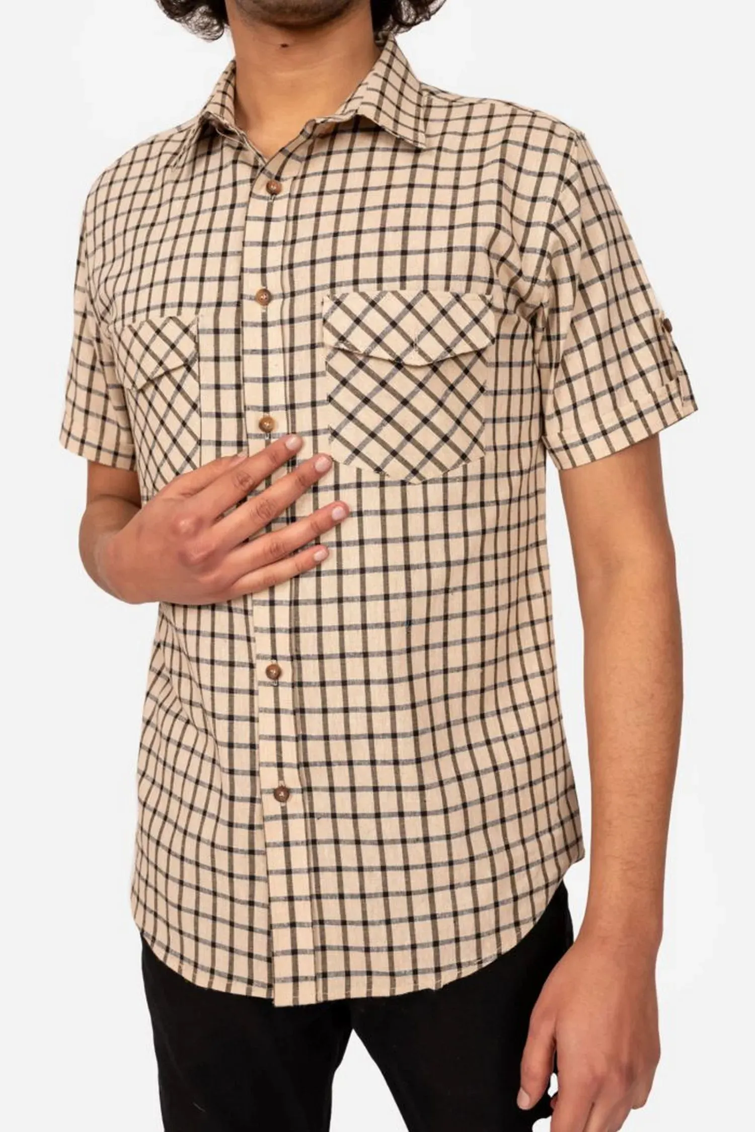 Cream And Black Checked Cotton Half Sleeve Shirt