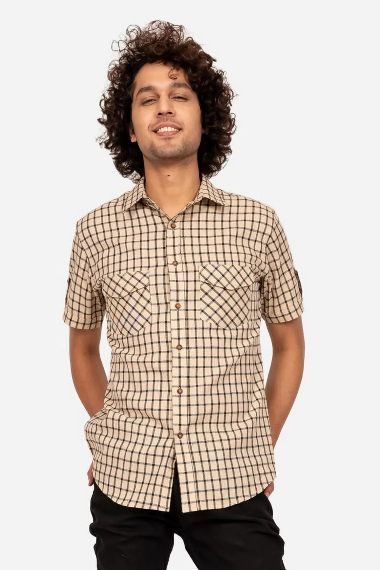 Cream And Black Checked Cotton Half Sleeve Shirt