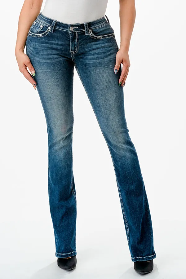 Cross Embellished Mid Rise Bootcut Jeans