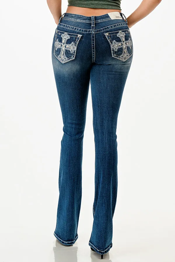 Cross Embellished Mid Rise Bootcut Jeans