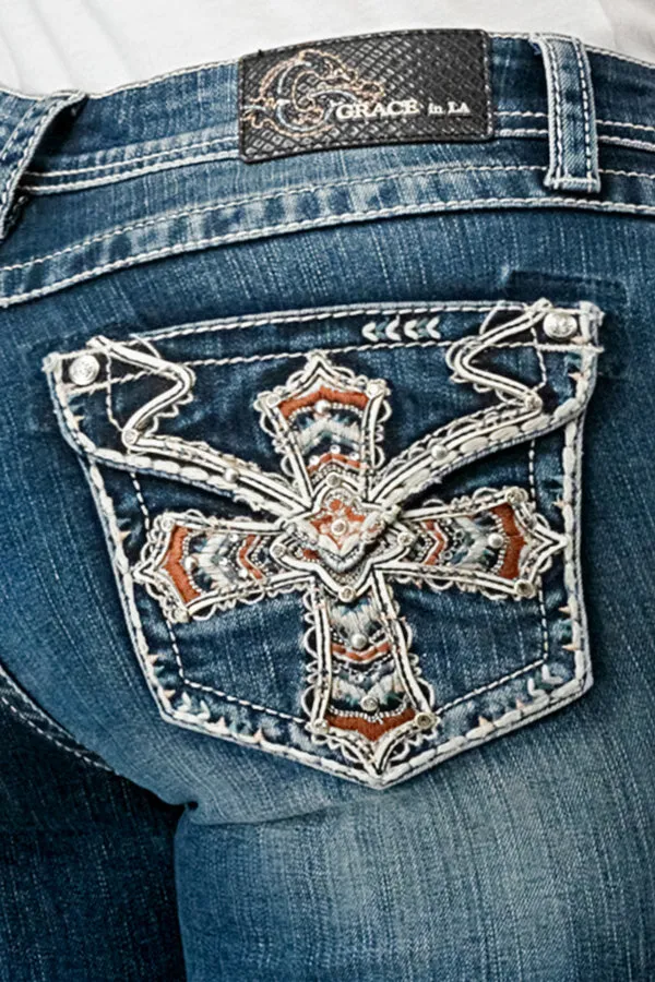 Cross Embellished Mid Rise Bootcut Jeans