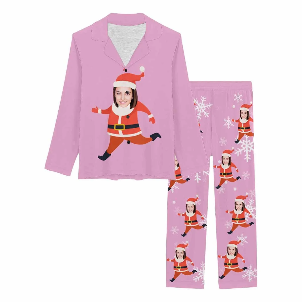 Custom Face Santa Claus Sleepwear Couple Matching V-Neck Long Pajama Set Best Christmas Gift