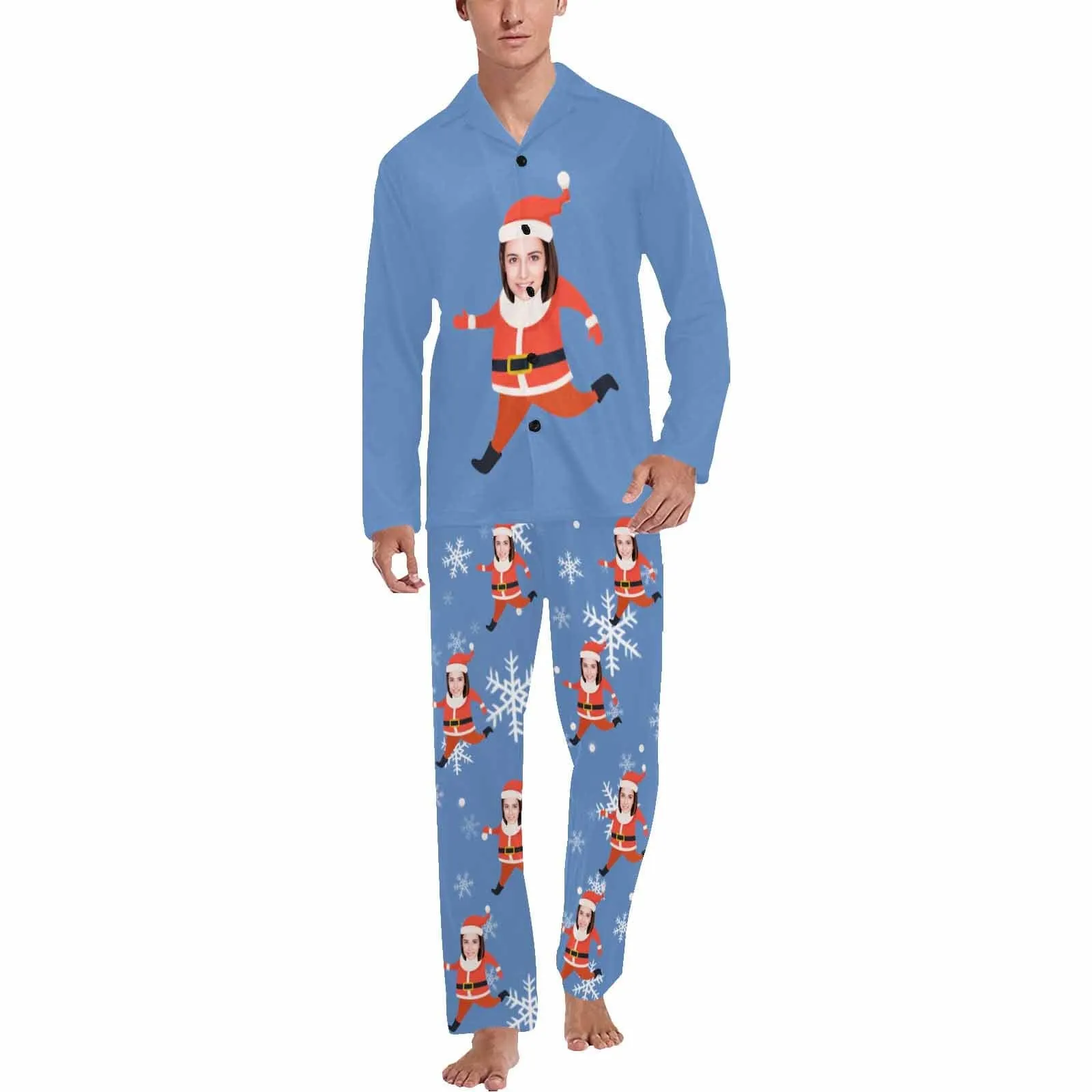 Custom Face Santa Claus Sleepwear Couple Matching V-Neck Long Pajama Set Best Christmas Gift