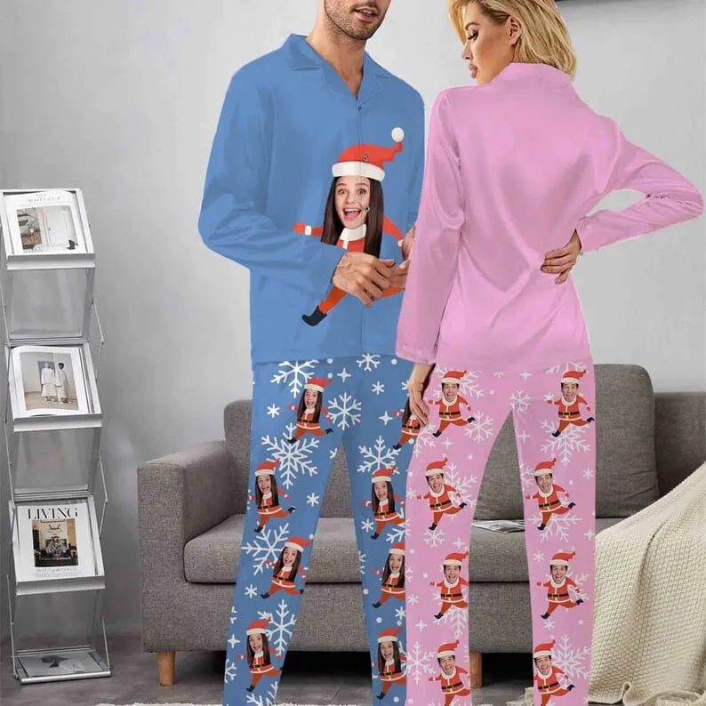 Custom Face Santa Claus Sleepwear Couple Matching V-Neck Long Pajama Set Best Christmas Gift