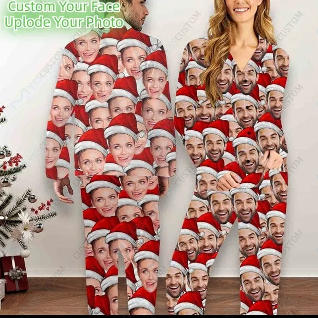 Customized Seamless Christmas Hat Matching Couples V-Neck Long Pajama Set - Perfect Christmas Gift!