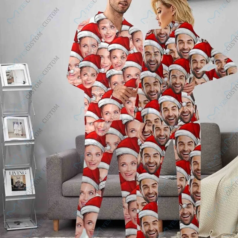 Customized Seamless Christmas Hat Matching Couples V-Neck Long Pajama Set - Perfect Christmas Gift!