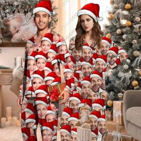 Customized Seamless Christmas Hat Matching Couples V-Neck Long Pajama Set - Perfect Christmas Gift!