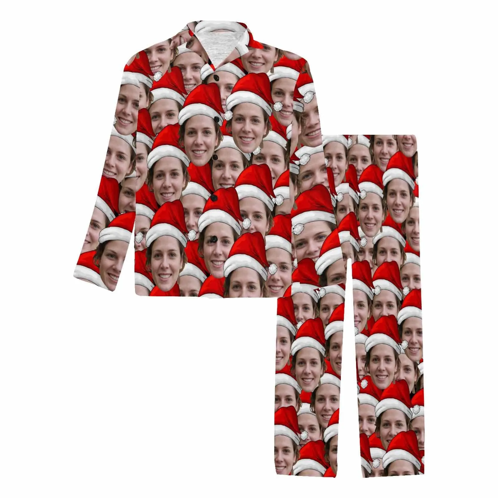 Customized Seamless Christmas Hat Matching Couples V-Neck Long Pajama Set - Perfect Christmas Gift!