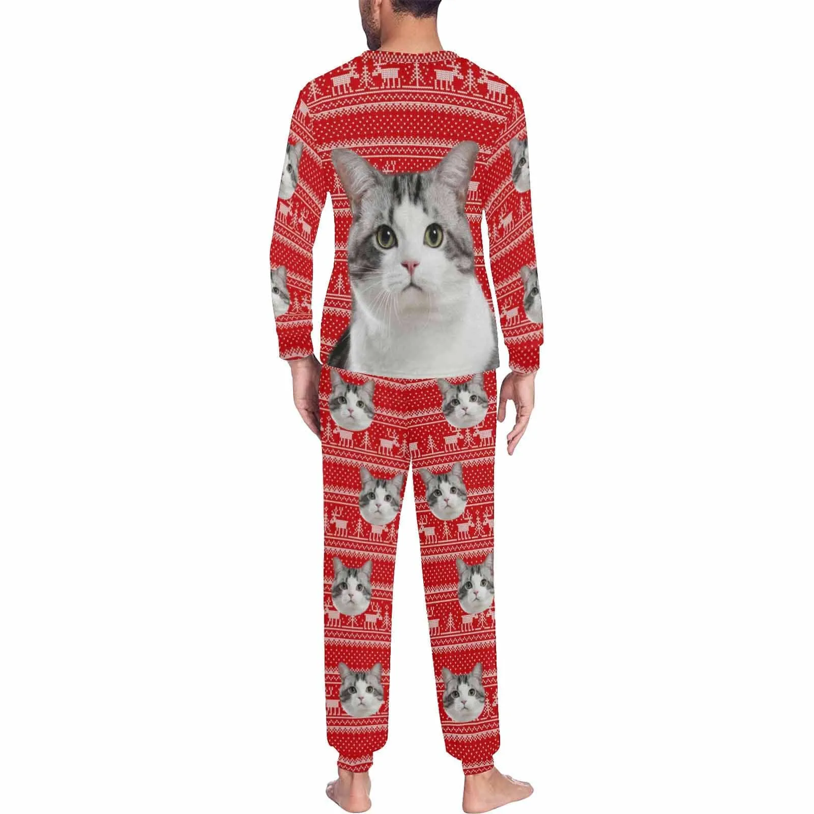 Custom Pet Big Face Christmas Red Sleepwear Personalized Men Women's Long Pajama Set