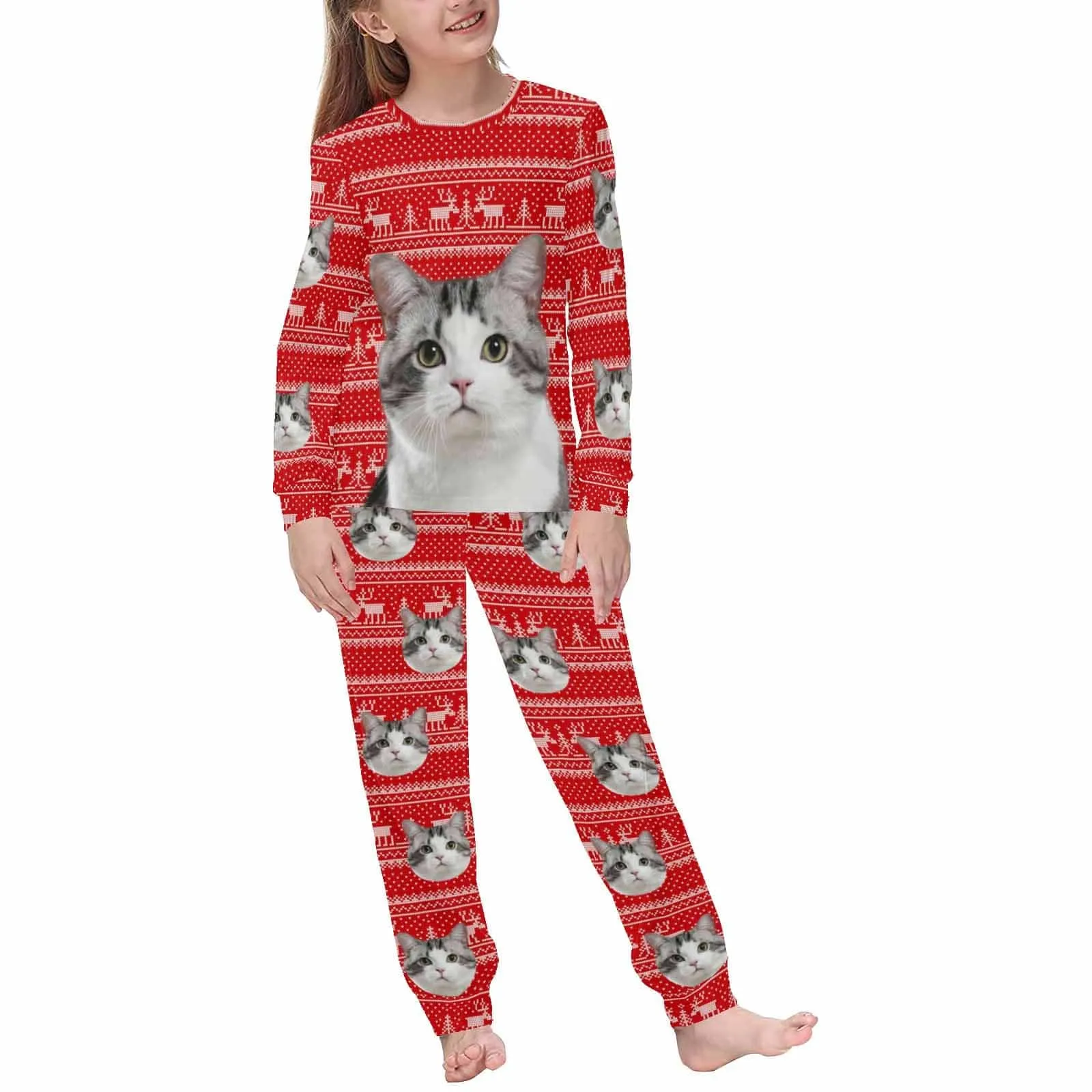 Custom Pet Big Face Christmas Red Sleepwear Personalized Men Women's Long Pajama Set