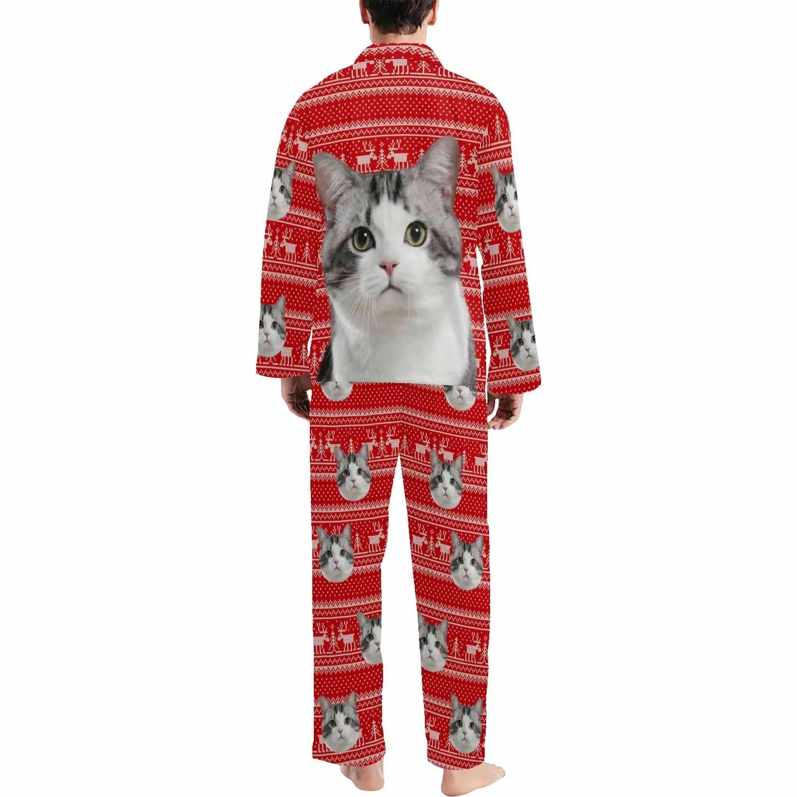 Custom Pet Big Face Christmas Red Sleepwear Personalized Men Women's Long Pajama Set