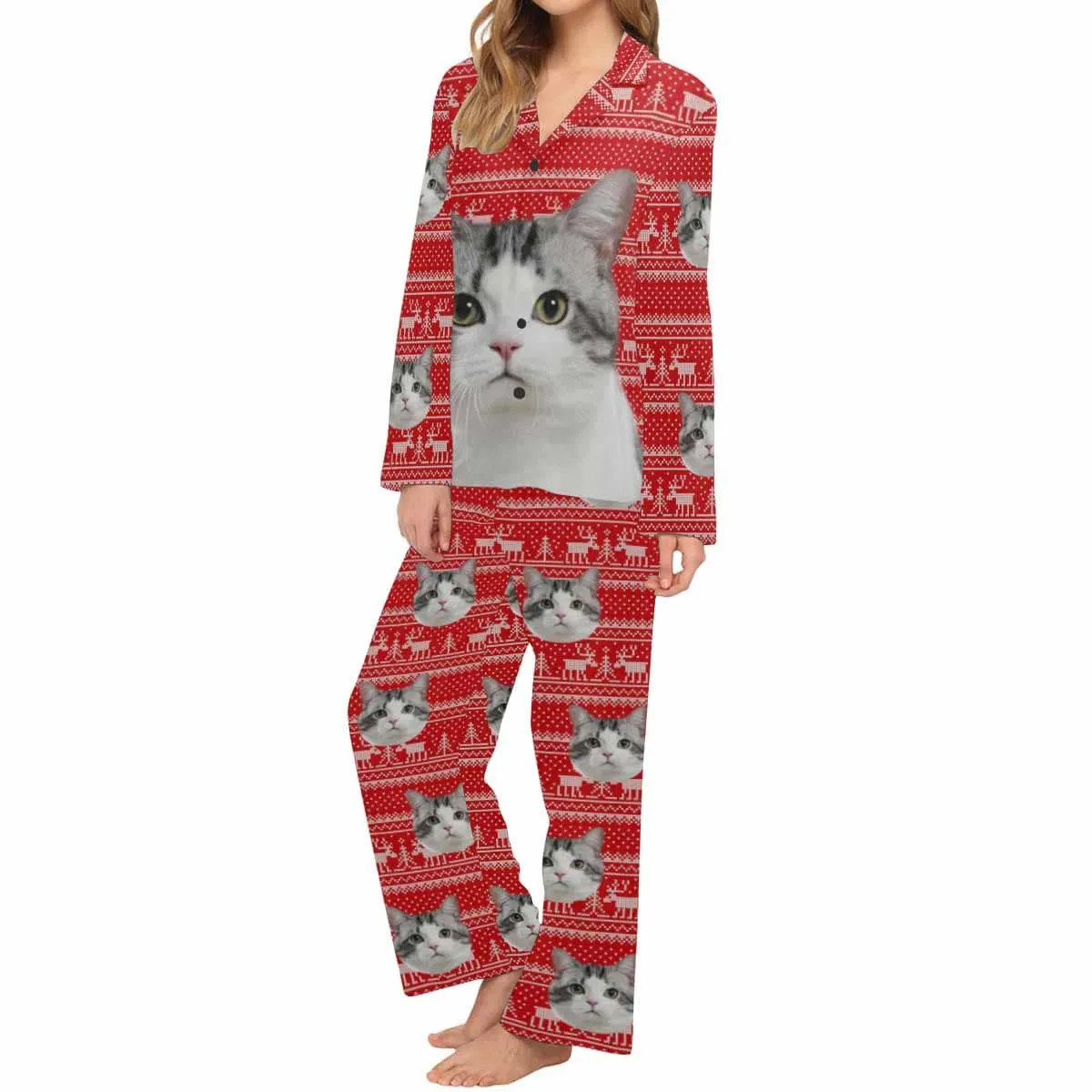 Custom Pet Big Face Christmas Red Sleepwear Personalized Men Women's Long Pajama Set