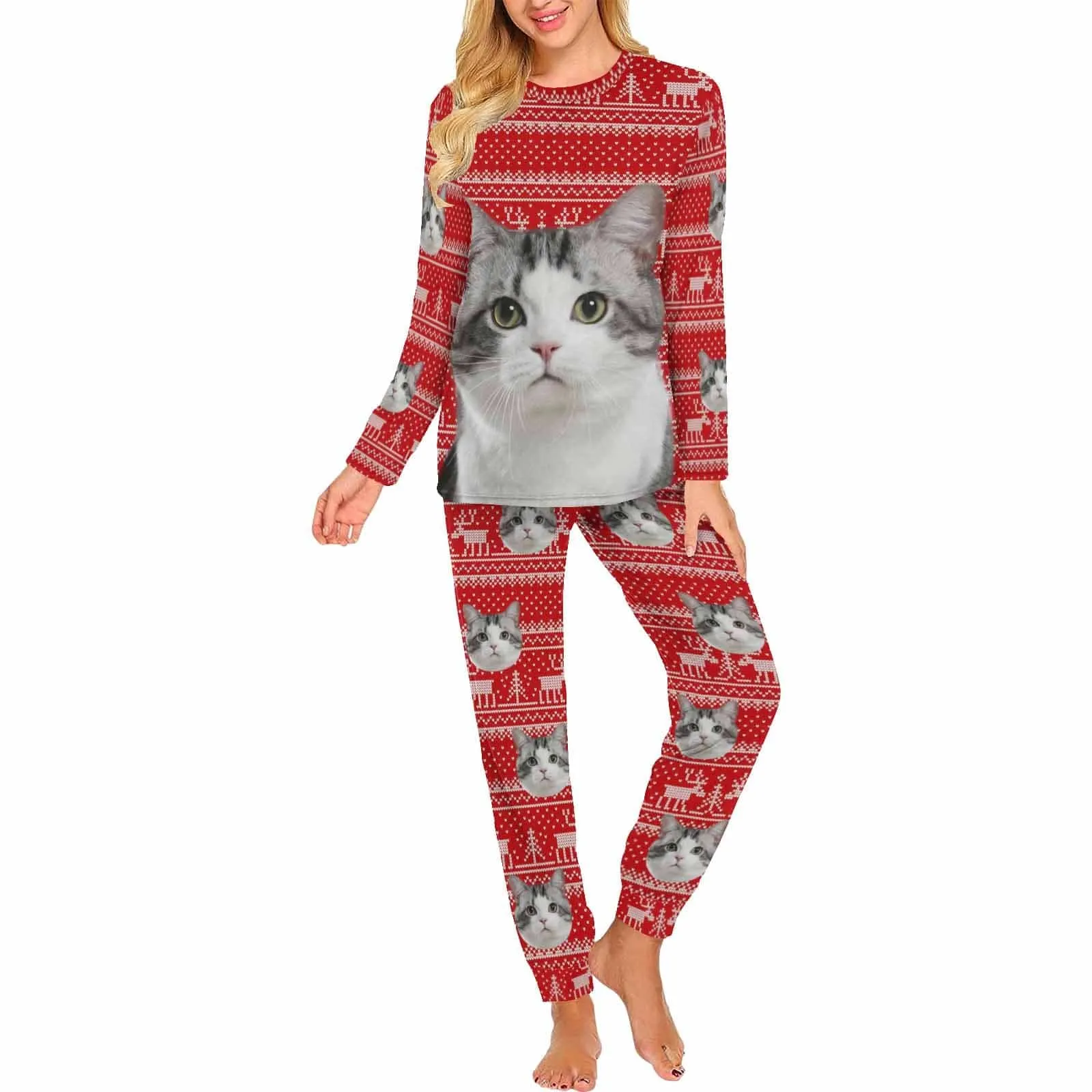 Custom Pet Big Face Christmas Red Sleepwear Personalized Men Women's Long Pajama Set