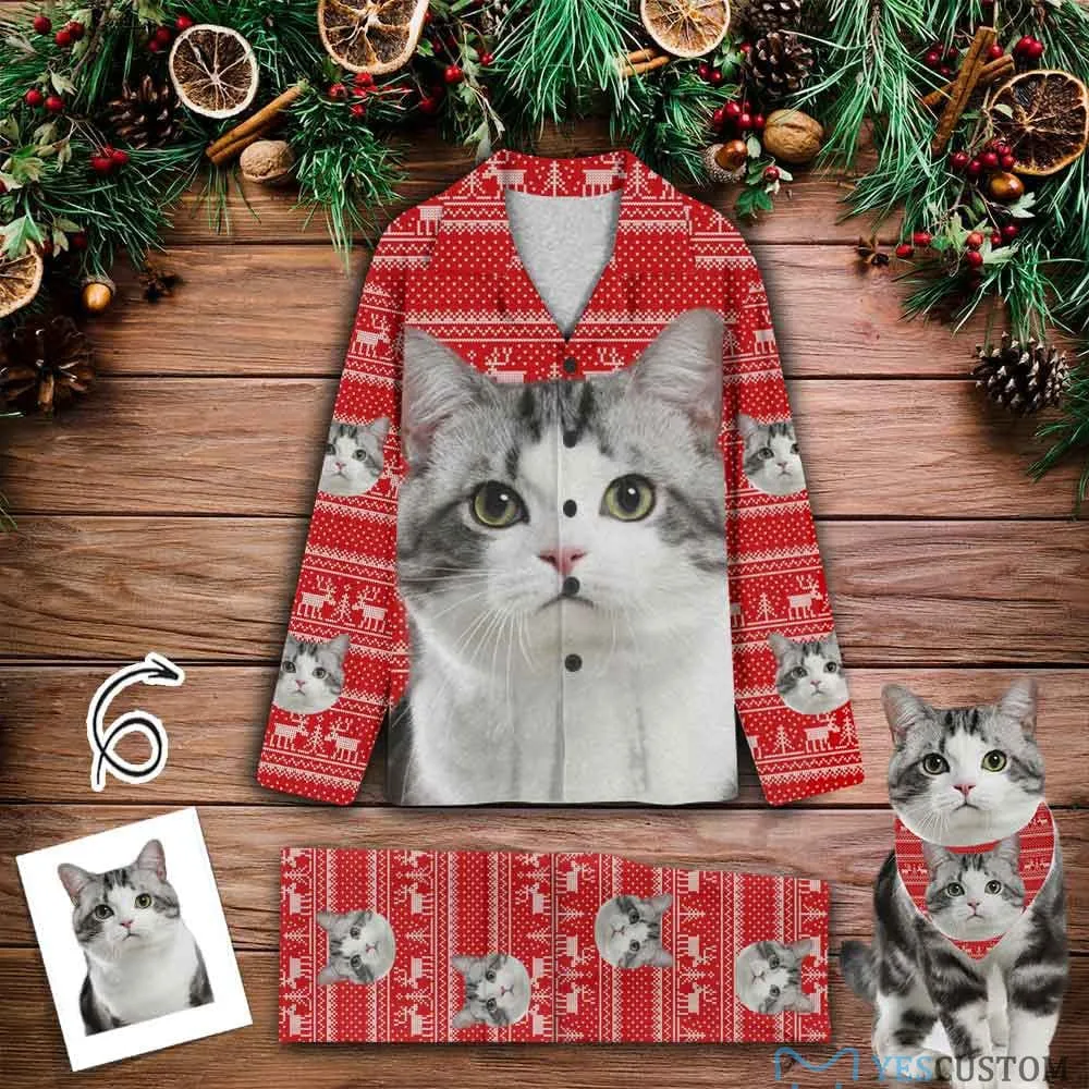 Custom Pet Big Face Christmas Red Sleepwear Personalized Men Women's Long Pajama Set