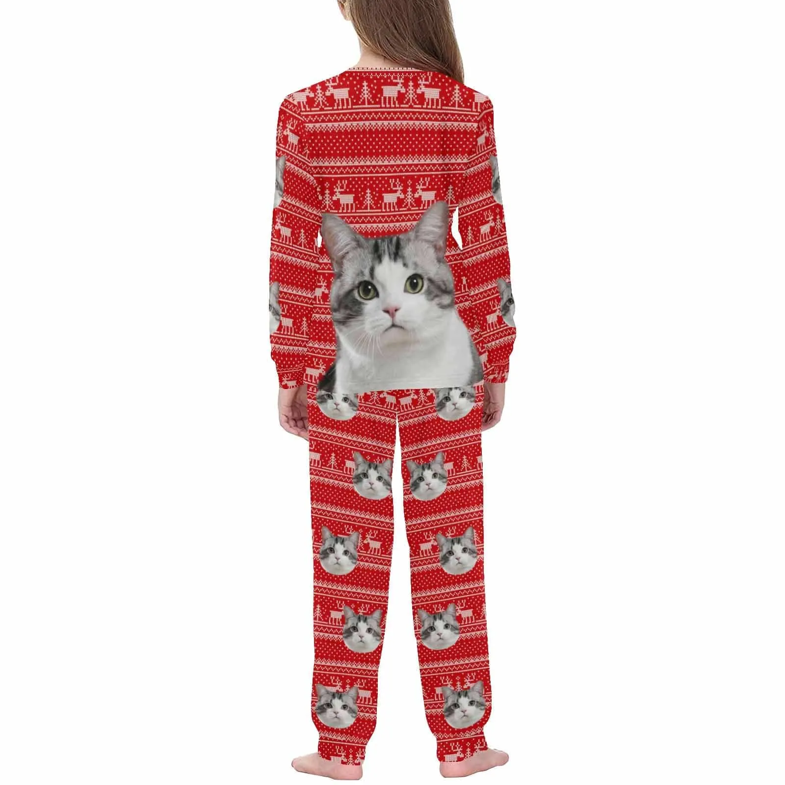 Custom Pet Big Face Christmas Red Sleepwear Personalized Men Women's Long Pajama Set