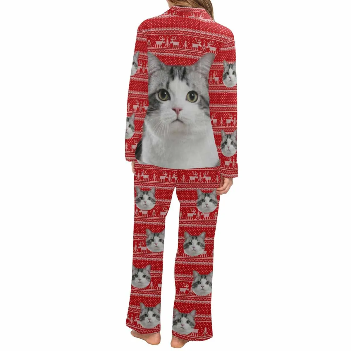 Custom Pet Big Face Christmas Red Sleepwear Personalized Men Women's Long Pajama Set