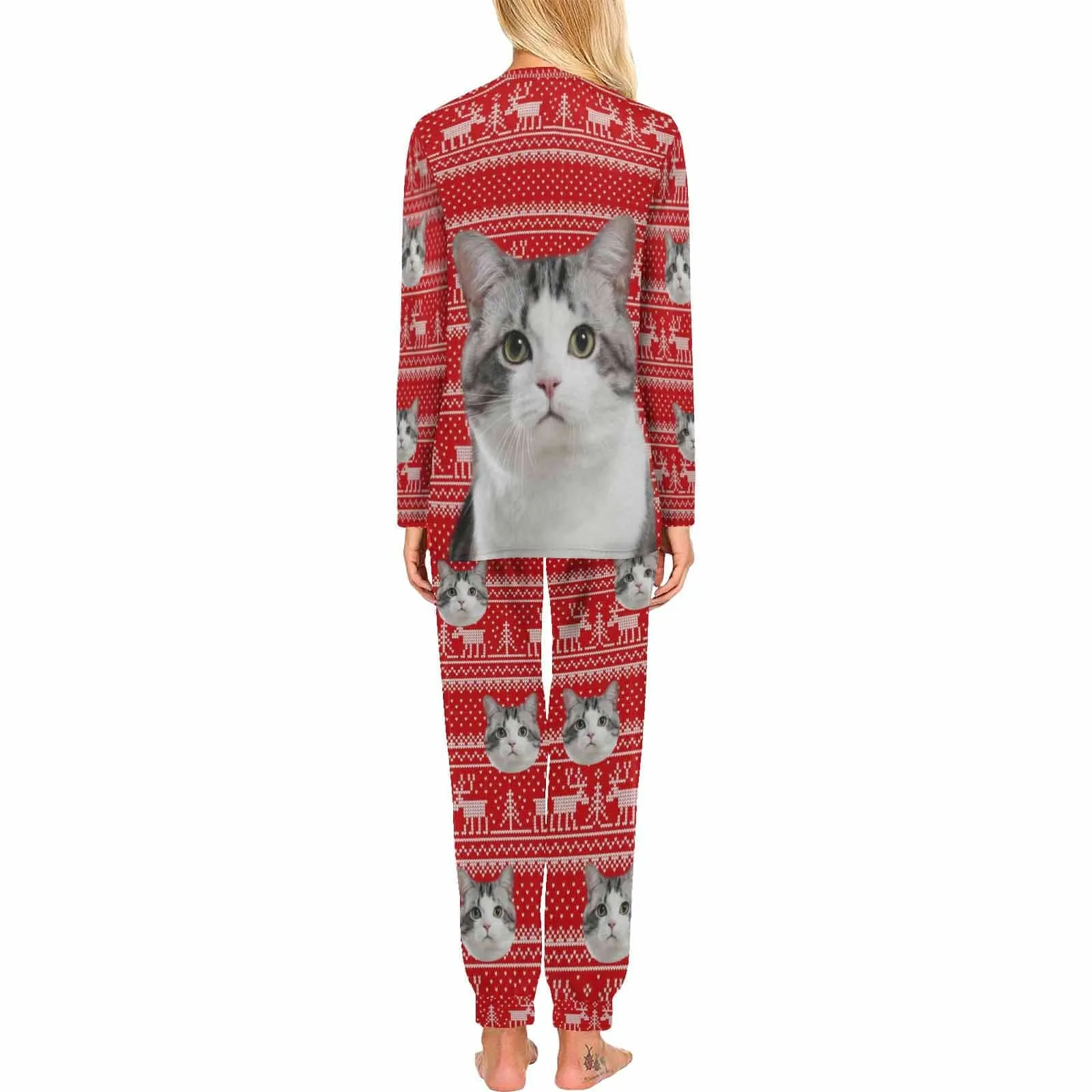 Custom Pet Big Face Christmas Red Sleepwear Personalized Men Women's Long Pajama Set