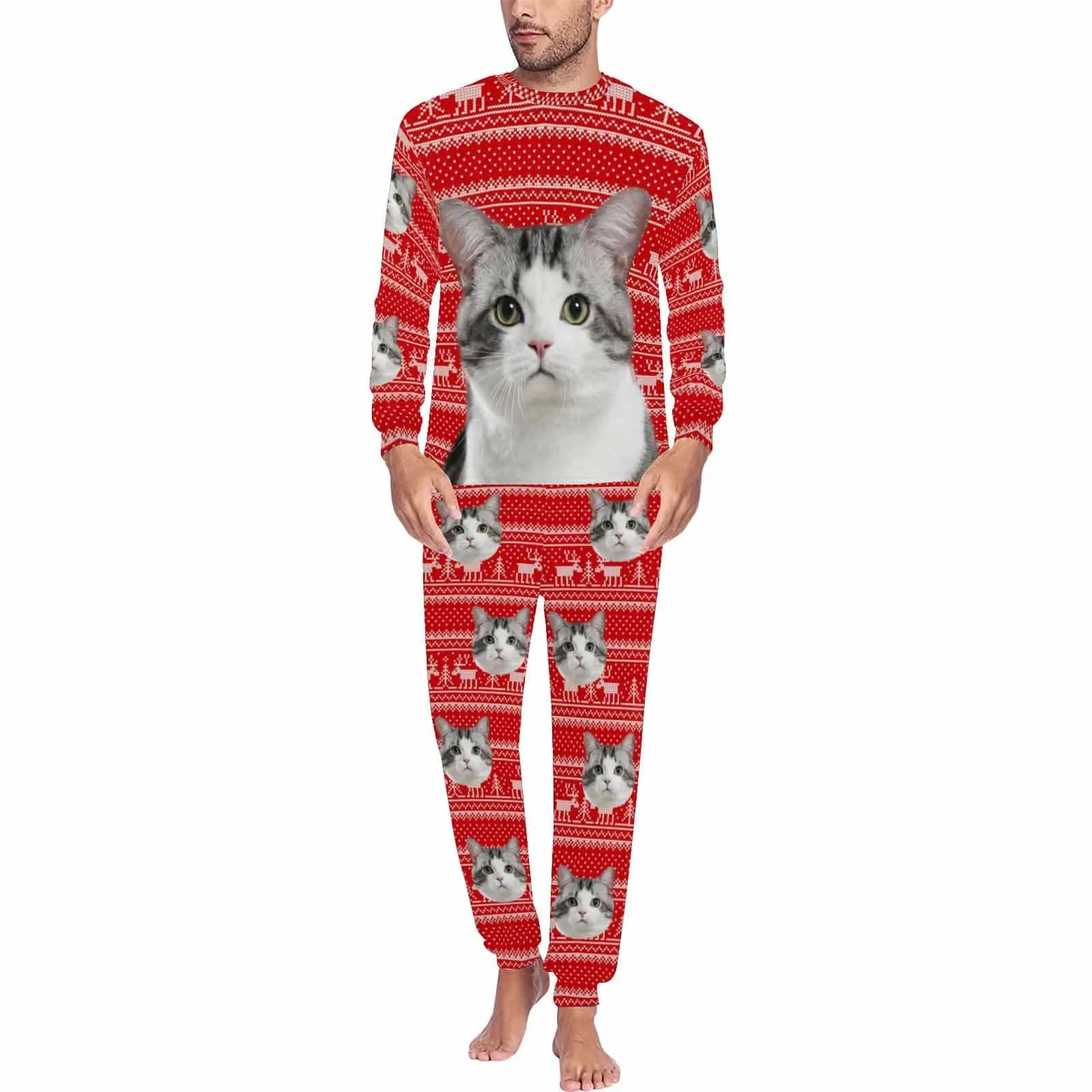 Custom Pet Big Face Christmas Red Sleepwear Personalized Men Women's Long Pajama Set