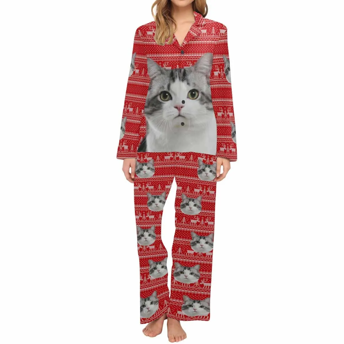 Custom Pet Big Face Christmas Red Sleepwear Personalized Men Women's Long Pajama Set