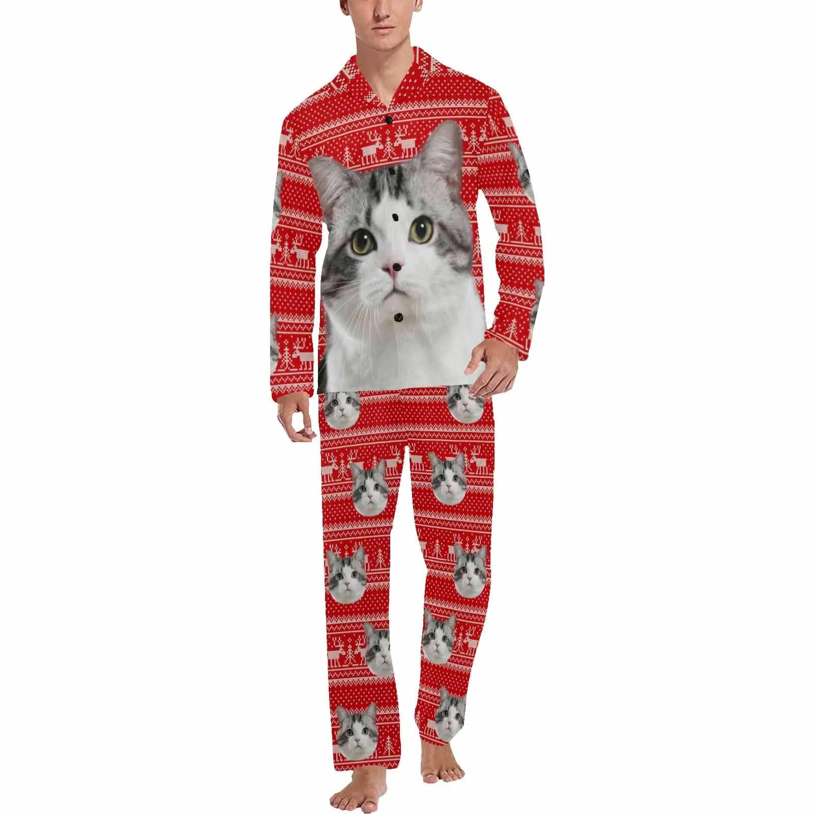 Custom Pet Big Face Christmas Red Sleepwear Personalized Men Women's Long Pajama Set