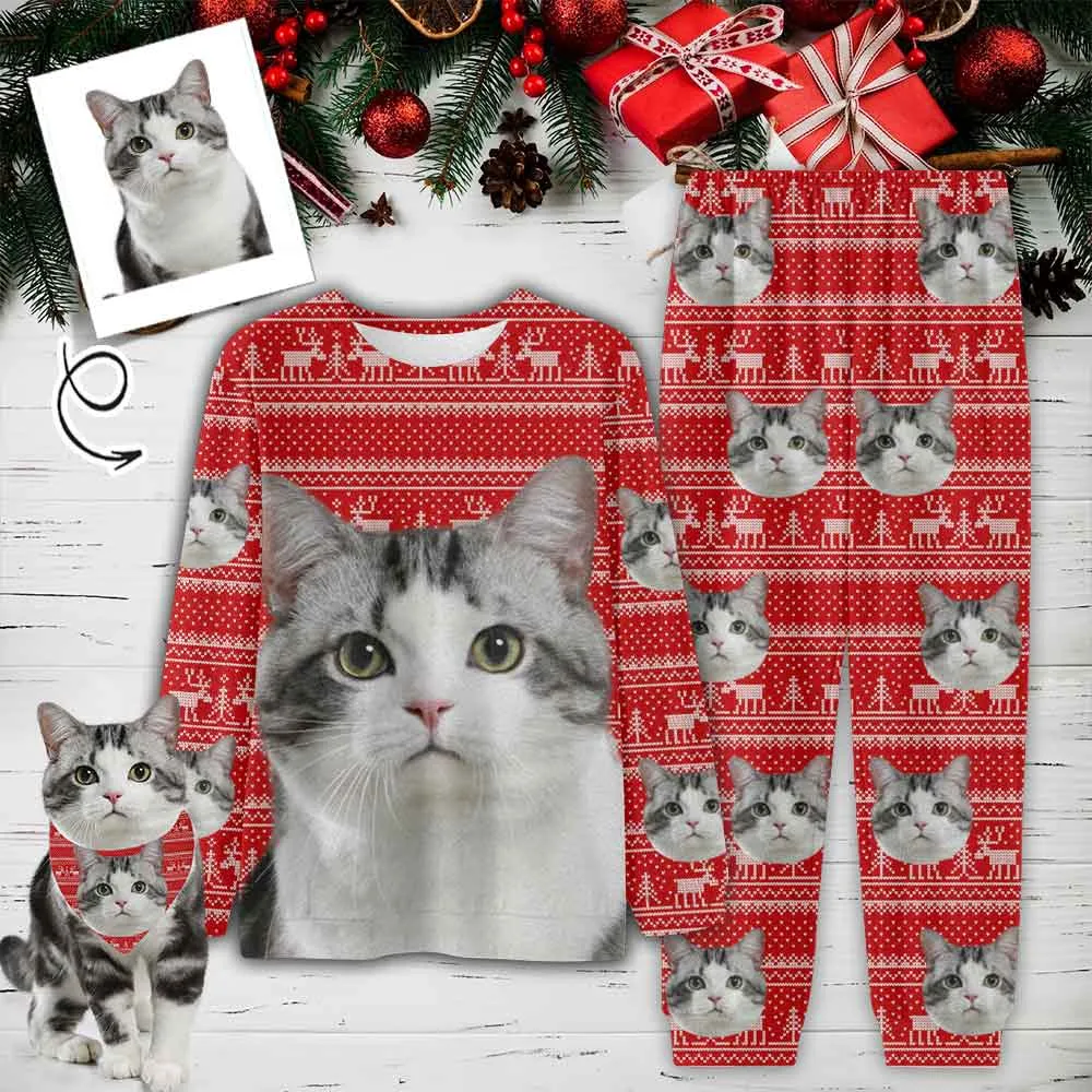 Custom Pet Big Face Christmas Red Sleepwear Personalized Men Women's Long Pajama Set