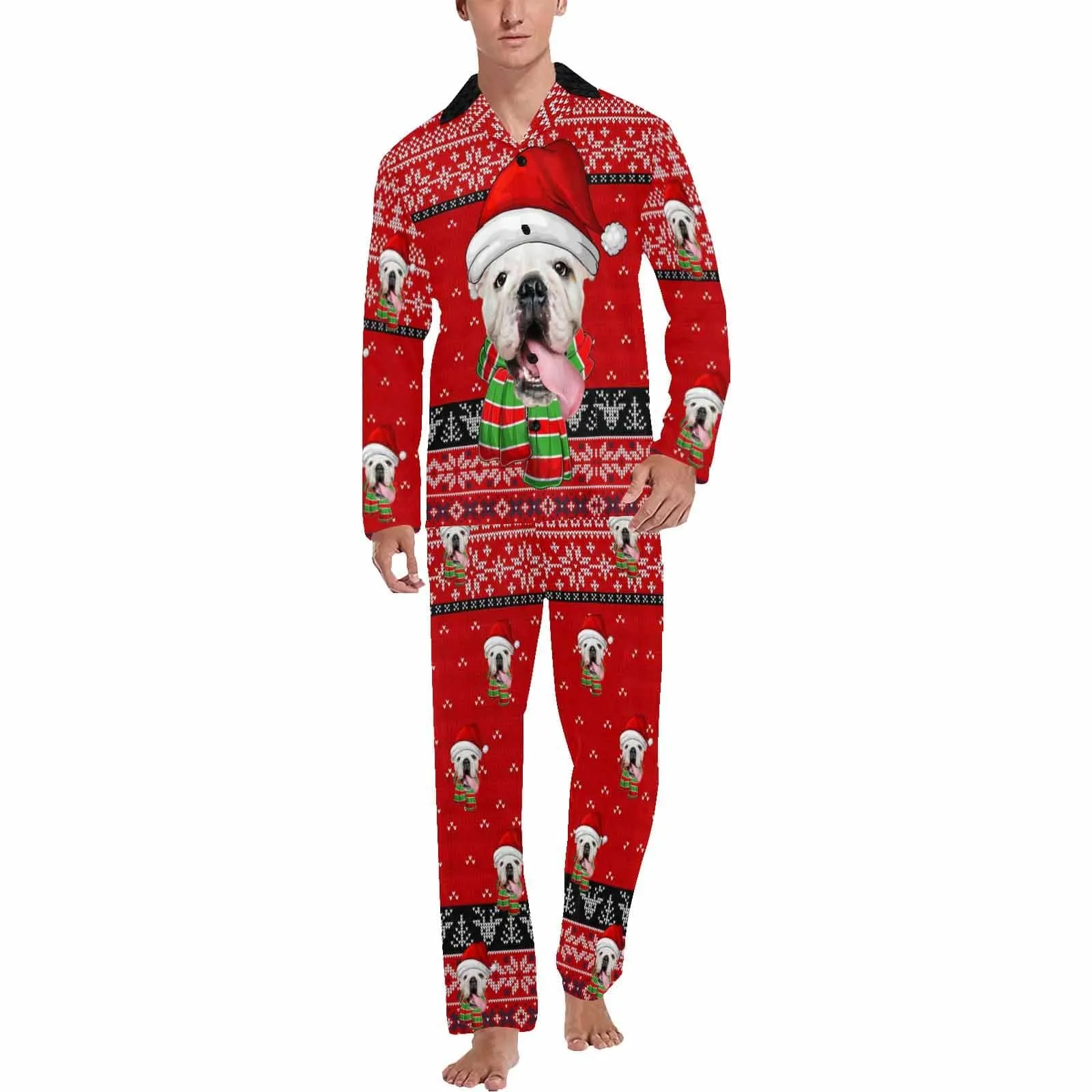 Custom Pet Big Face Christmas Sleepwear Personalized Men Women's Long Pajama Set