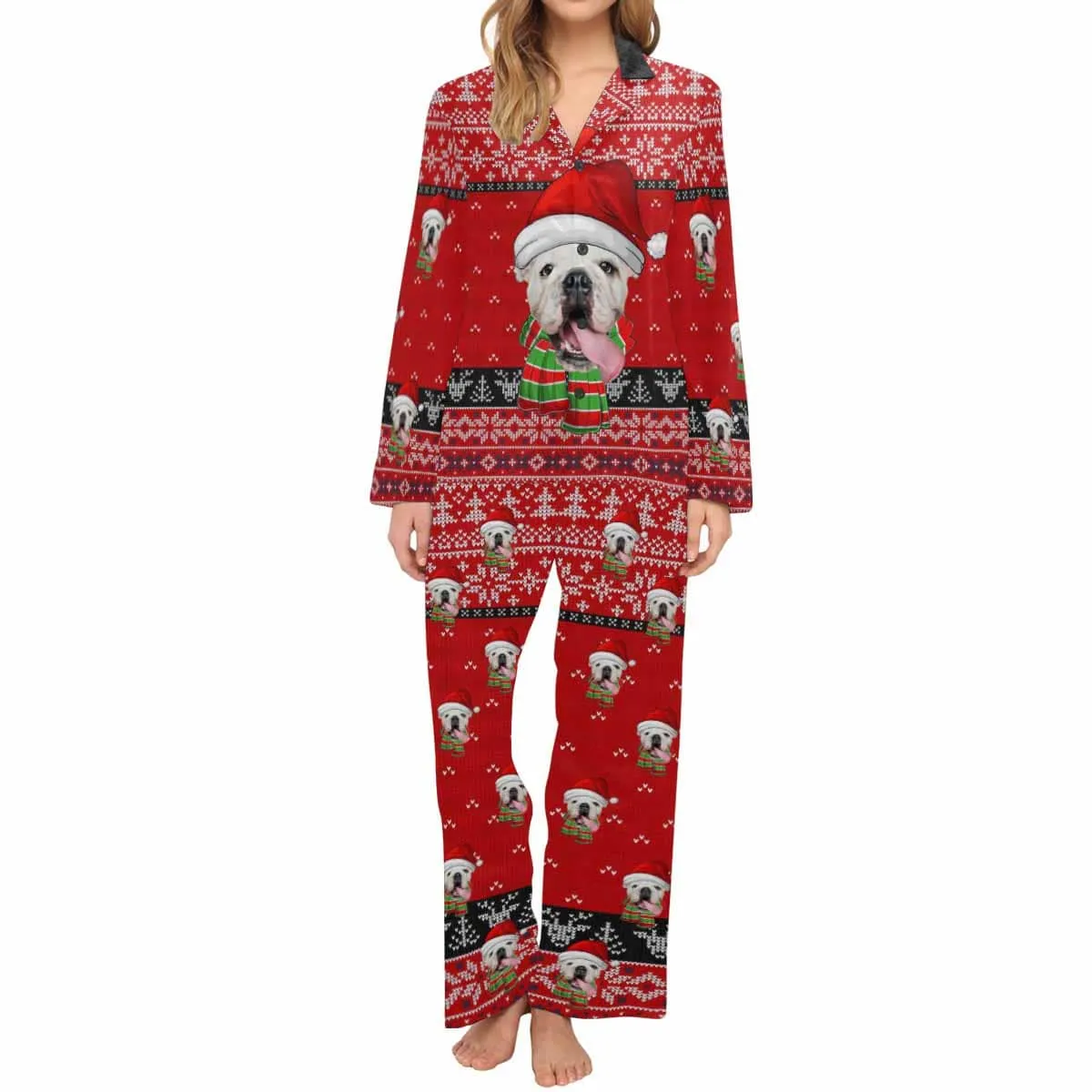 Custom Pet Big Face Christmas Sleepwear Personalized Men Women's Long Pajama Set