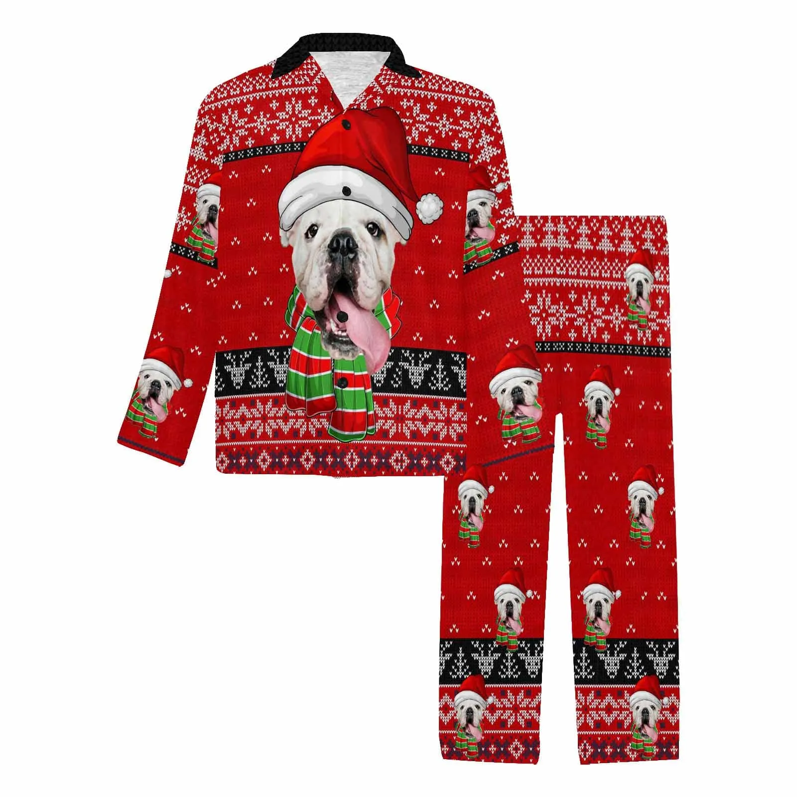 Custom Pet Big Face Christmas Sleepwear Personalized Men Women's Long Pajama Set