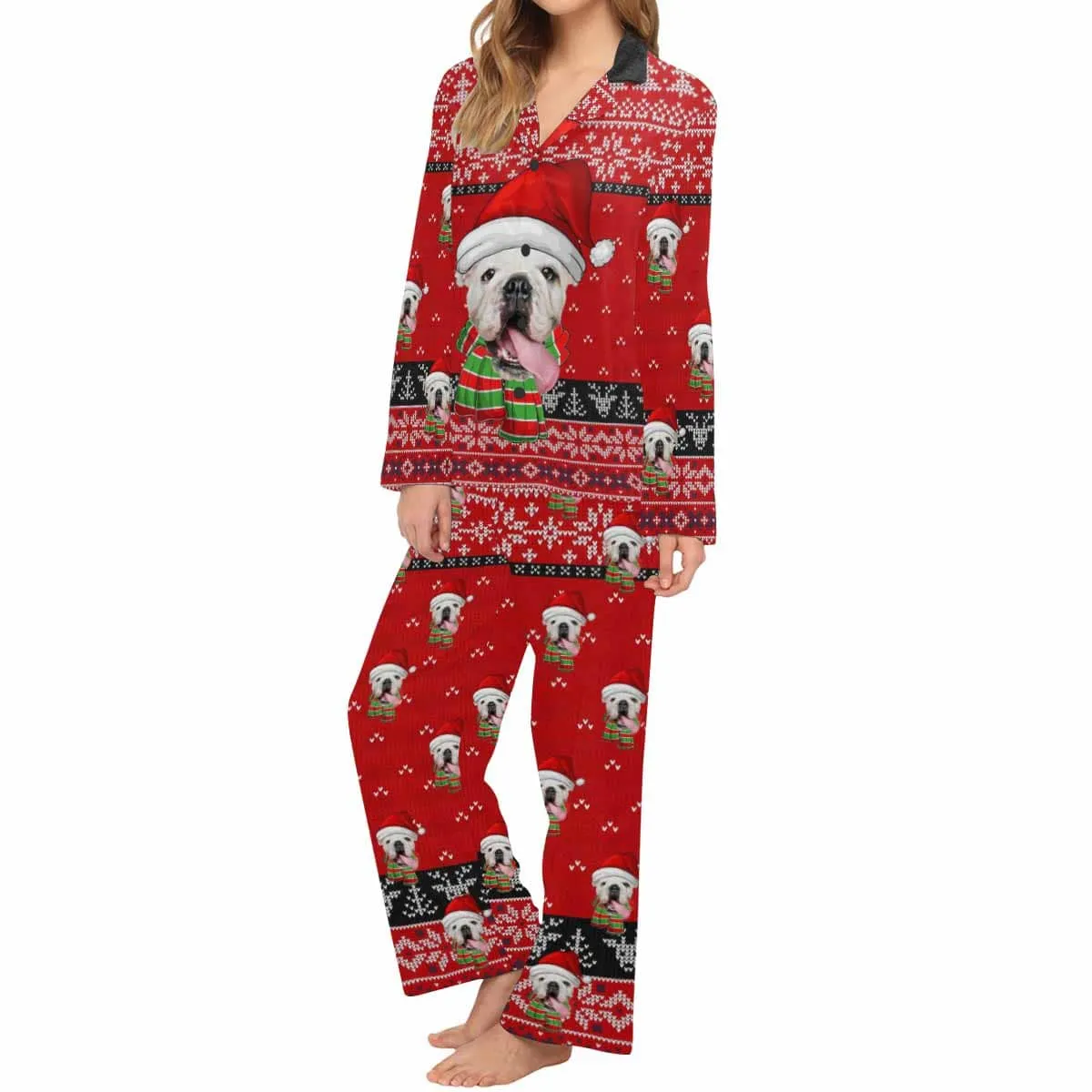 Custom Pet Big Face Christmas Sleepwear Personalized Men Women's Long Pajama Set