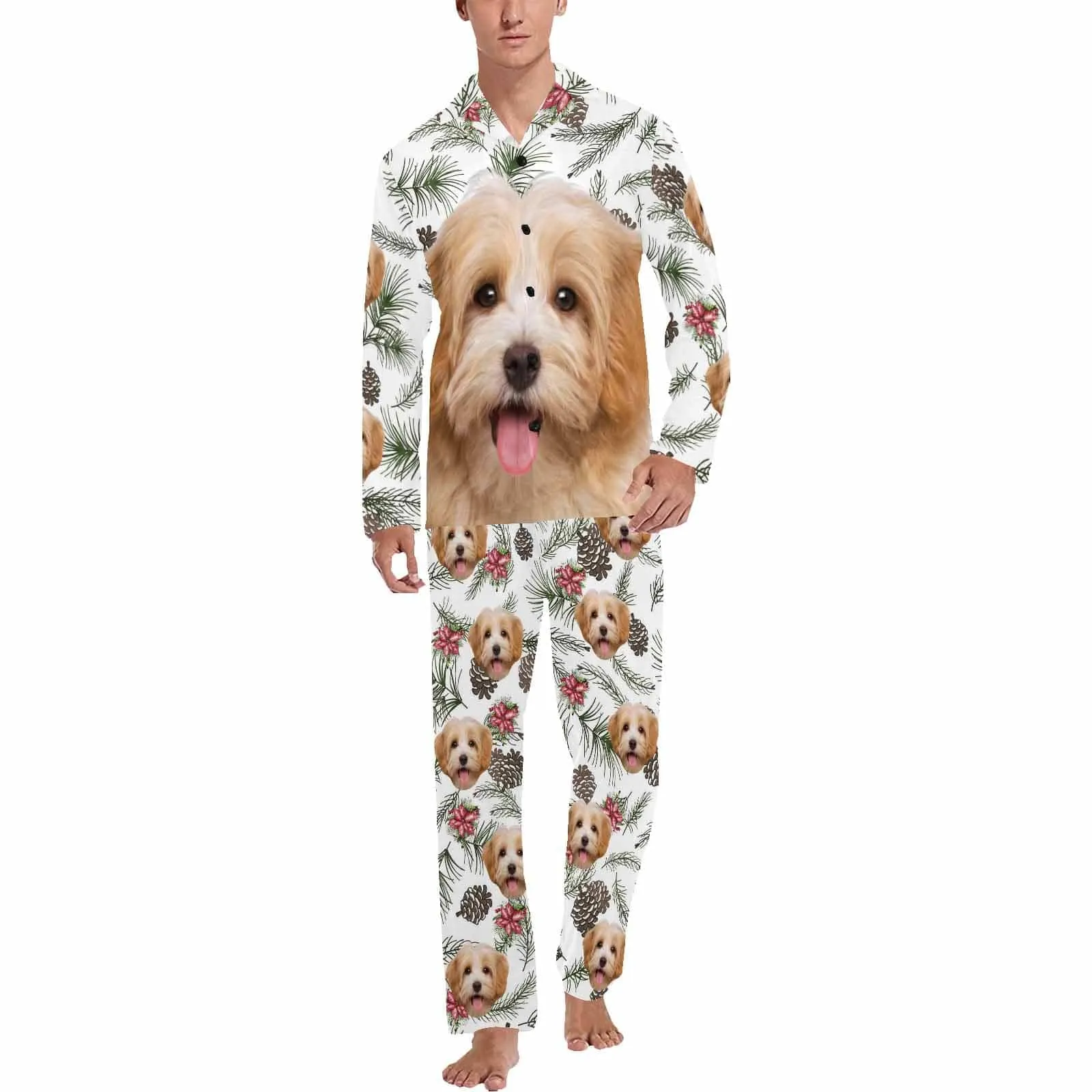 Custom Pet Big Face Pine Sleepwear Personalized Men Women's Long Pajama Set