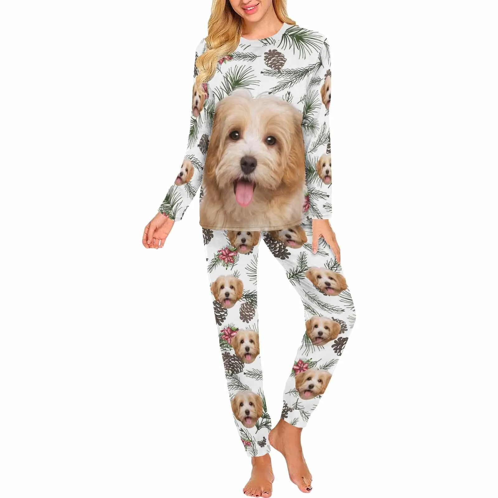 Custom Pet Big Face Pine Sleepwear Personalized Men Women's Long Pajama Set