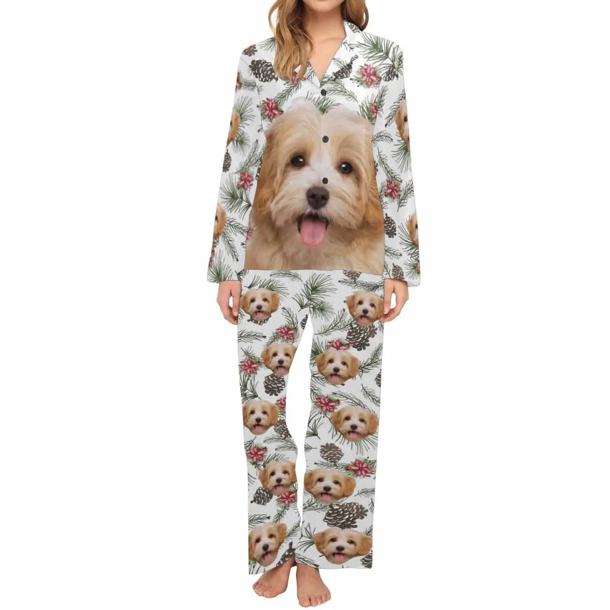 Custom Pet Big Face Pine Sleepwear Personalized Men Women's Long Pajama Set