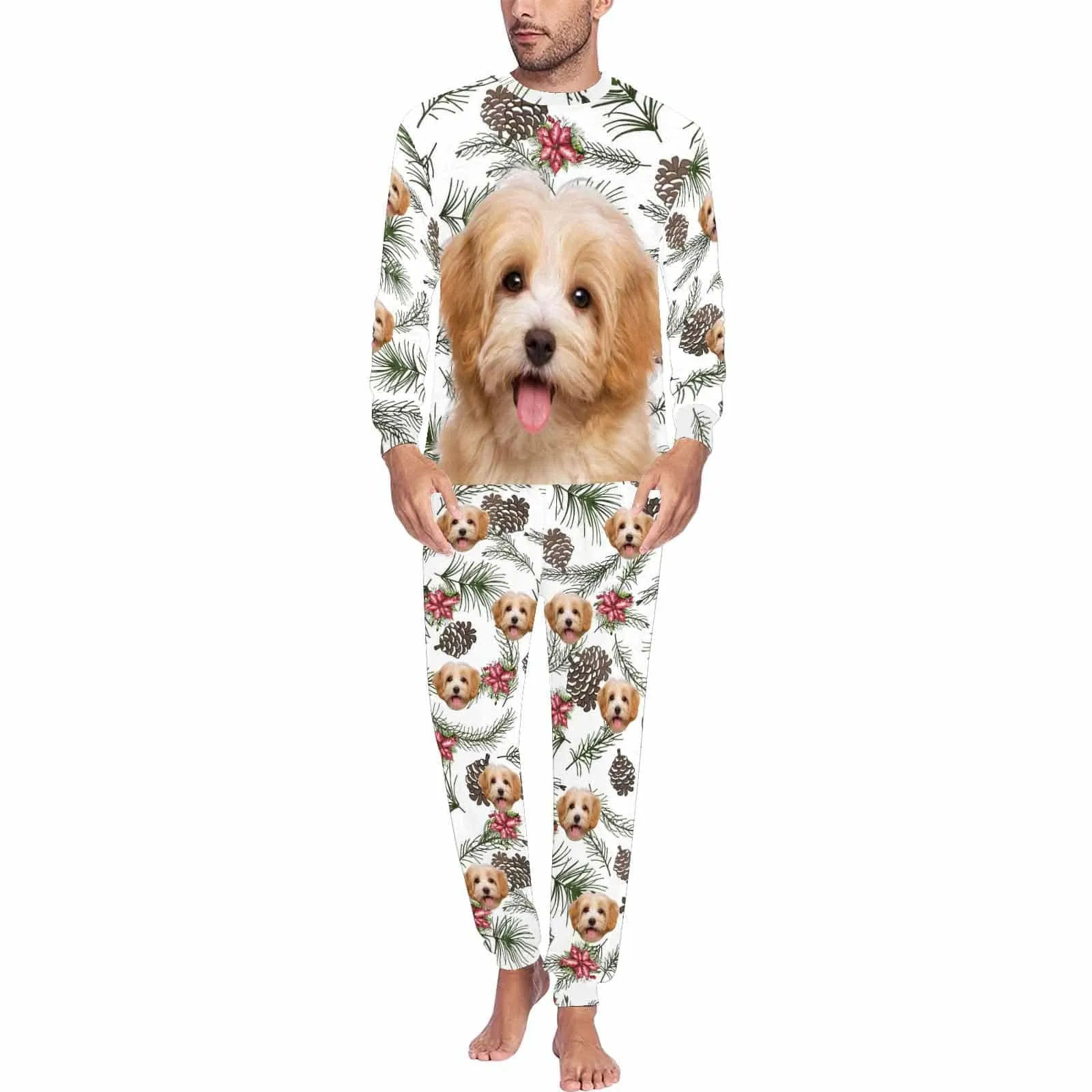 Custom Pet Big Face Pine Sleepwear Personalized Men Women's Long Pajama Set