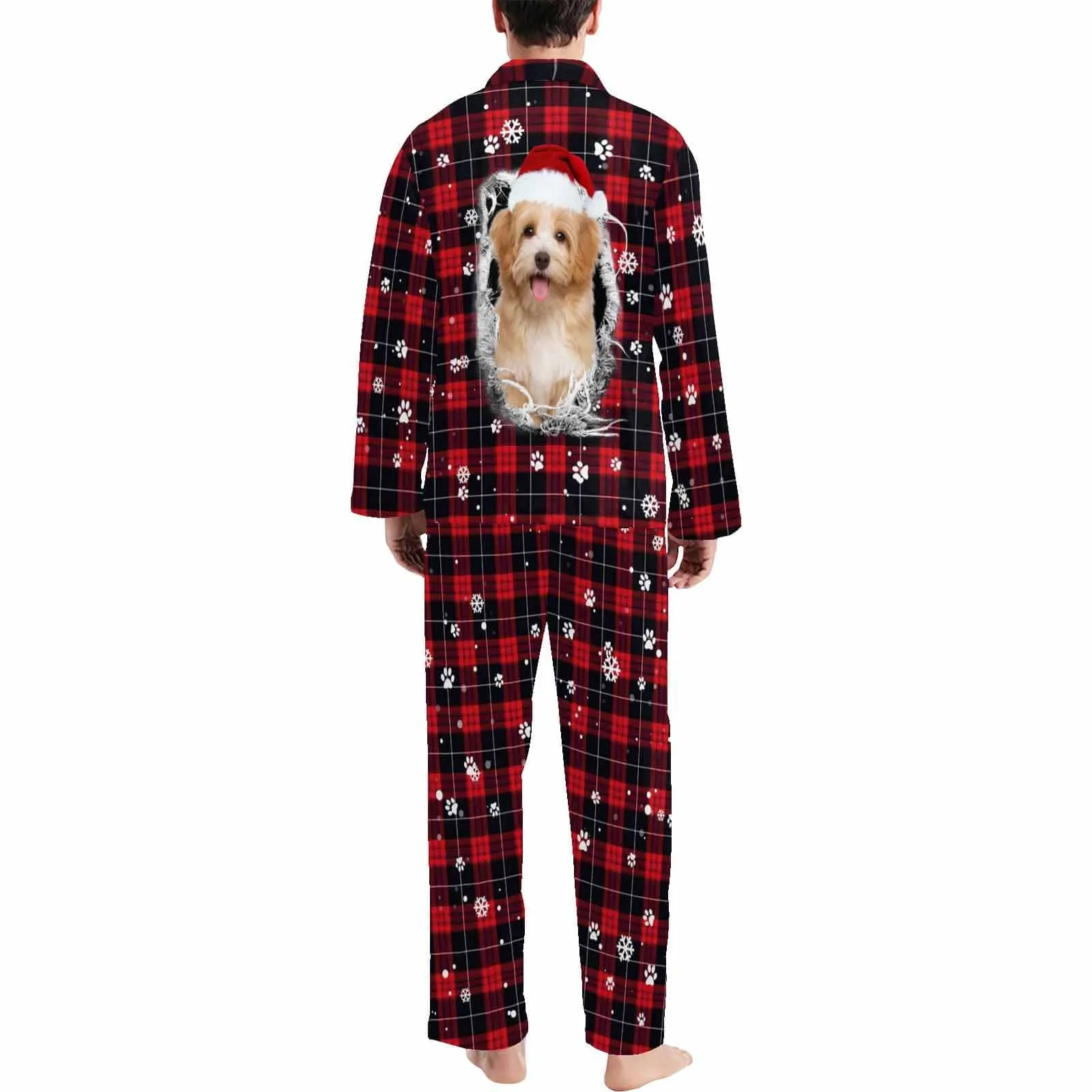 Custom Pet Big Face Red and Black Plaid Sleepwear Personalized Men Women's Long Pajama Set