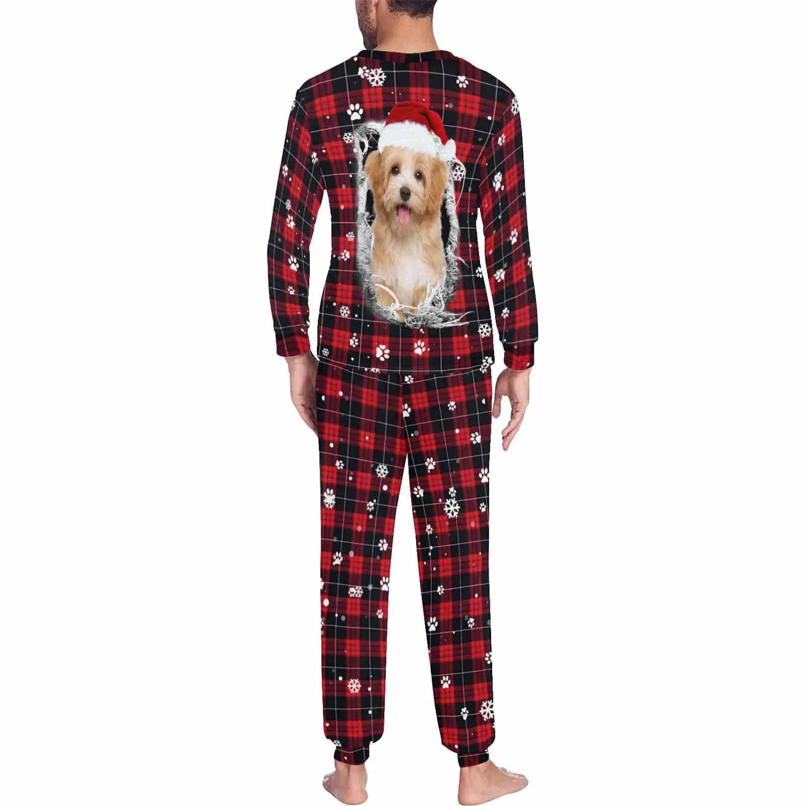 Custom Pet Big Face Red and Black Plaid Sleepwear Personalized Men Women's Long Pajama Set