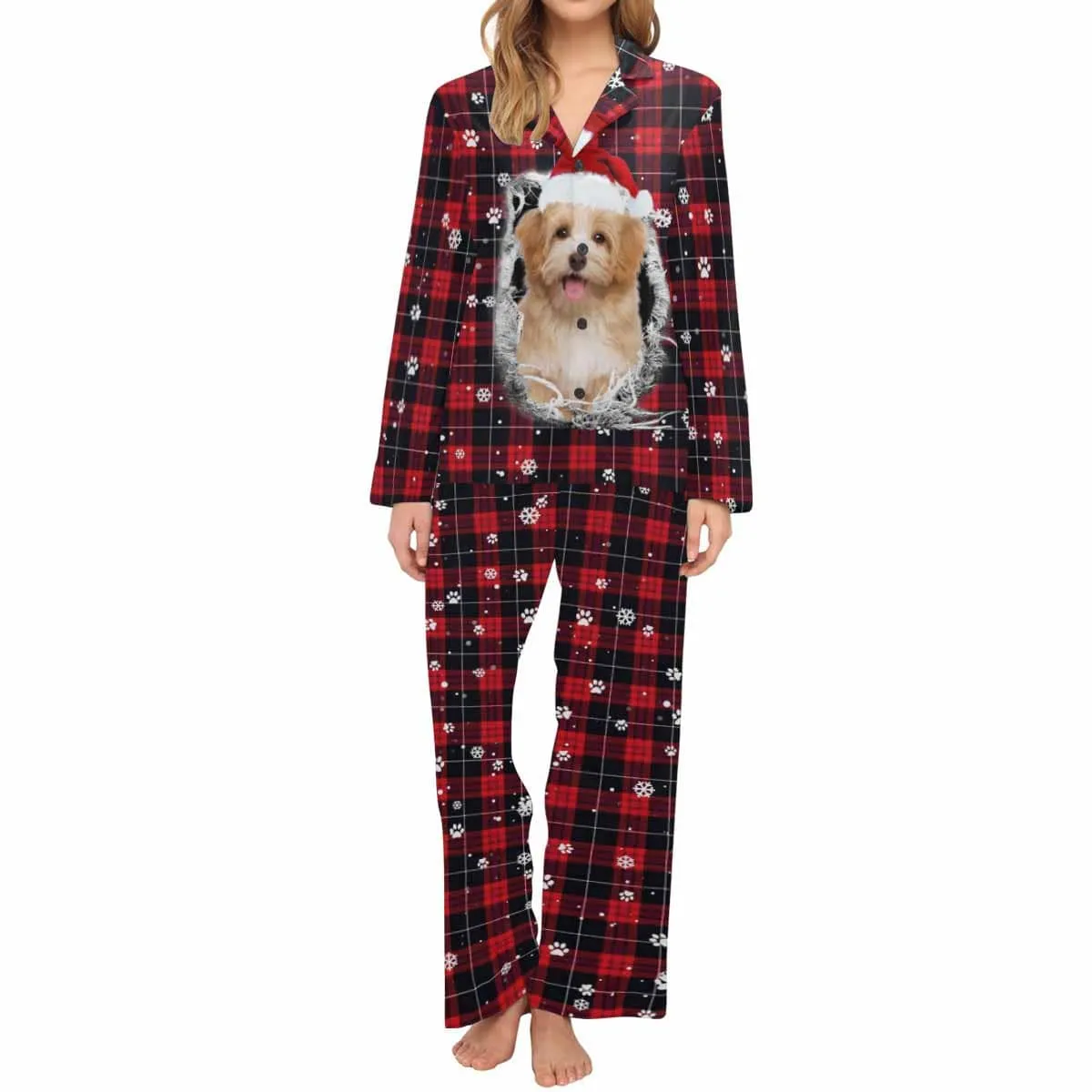 Custom Pet Big Face Red and Black Plaid Sleepwear Personalized Men Women's Long Pajama Set