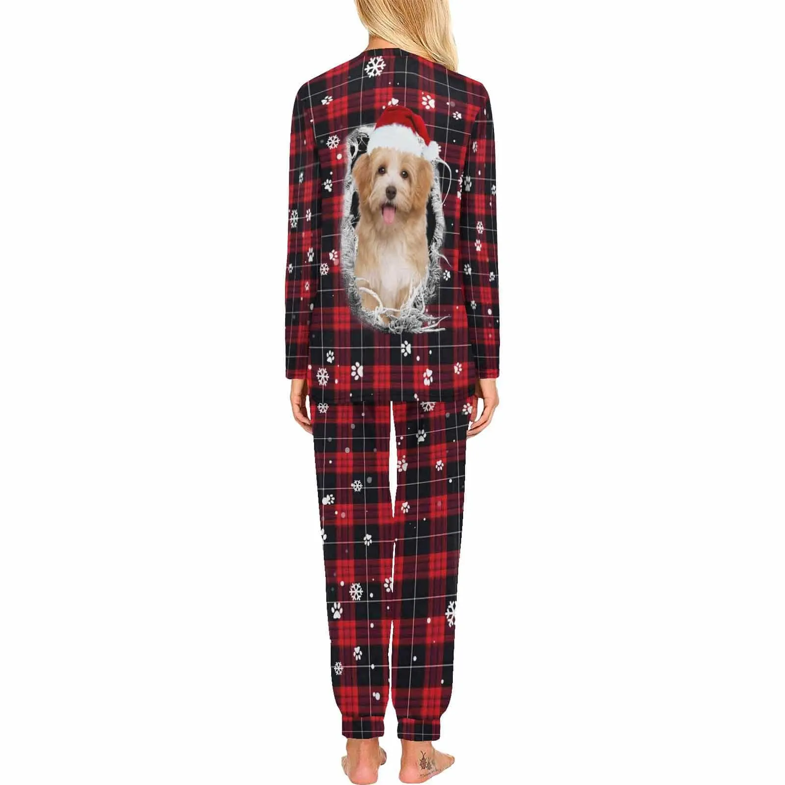 Custom Pet Big Face Red and Black Plaid Sleepwear Personalized Men Women's Long Pajama Set