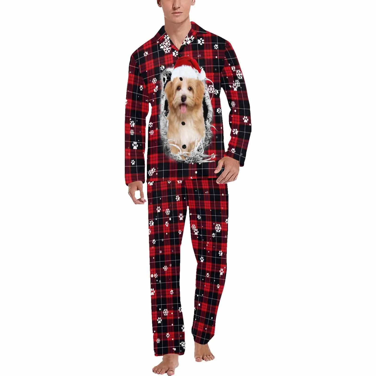 Custom Pet Big Face Red and Black Plaid Sleepwear Personalized Men Women's Long Pajama Set