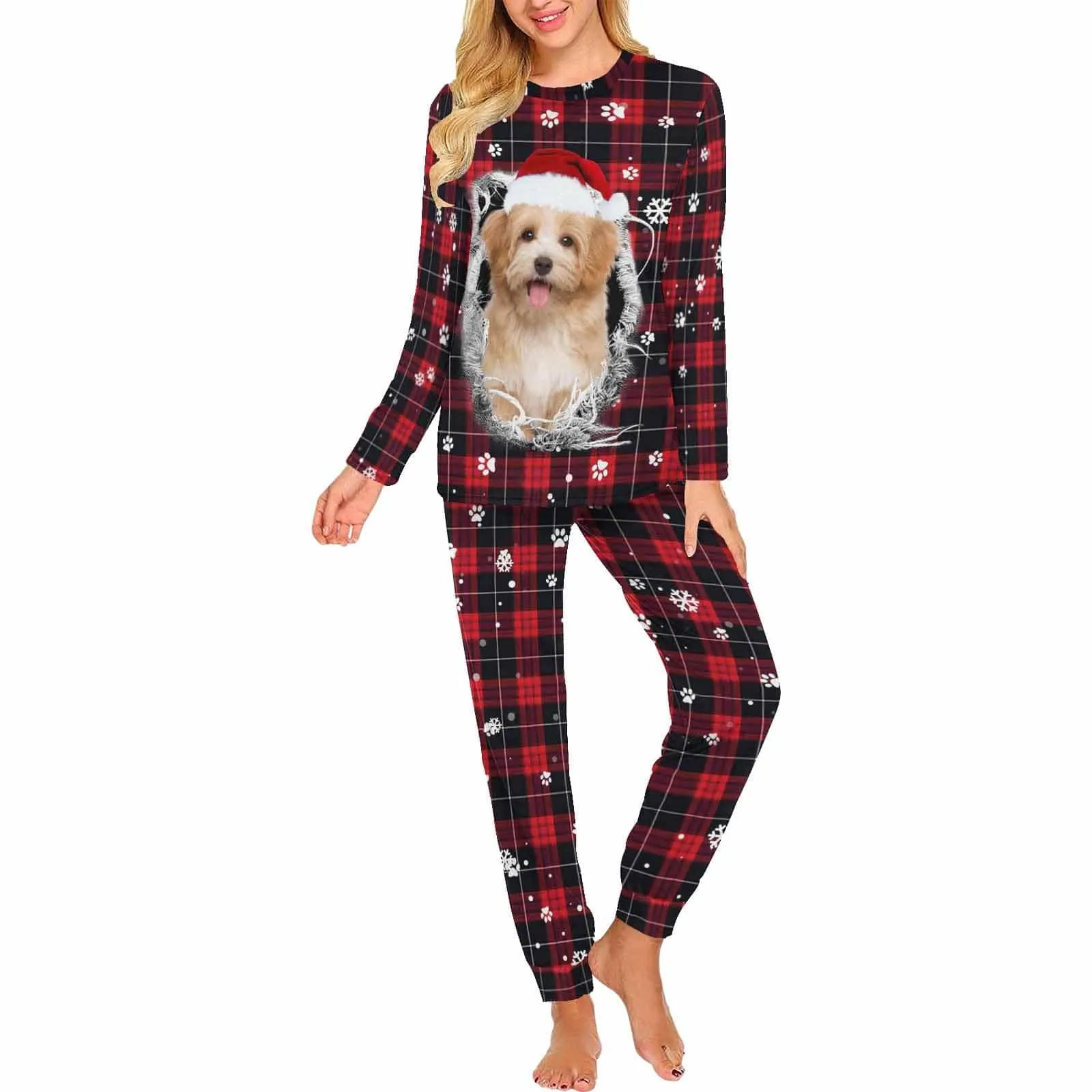 Custom Pet Big Face Red and Black Plaid Sleepwear Personalized Men Women's Long Pajama Set