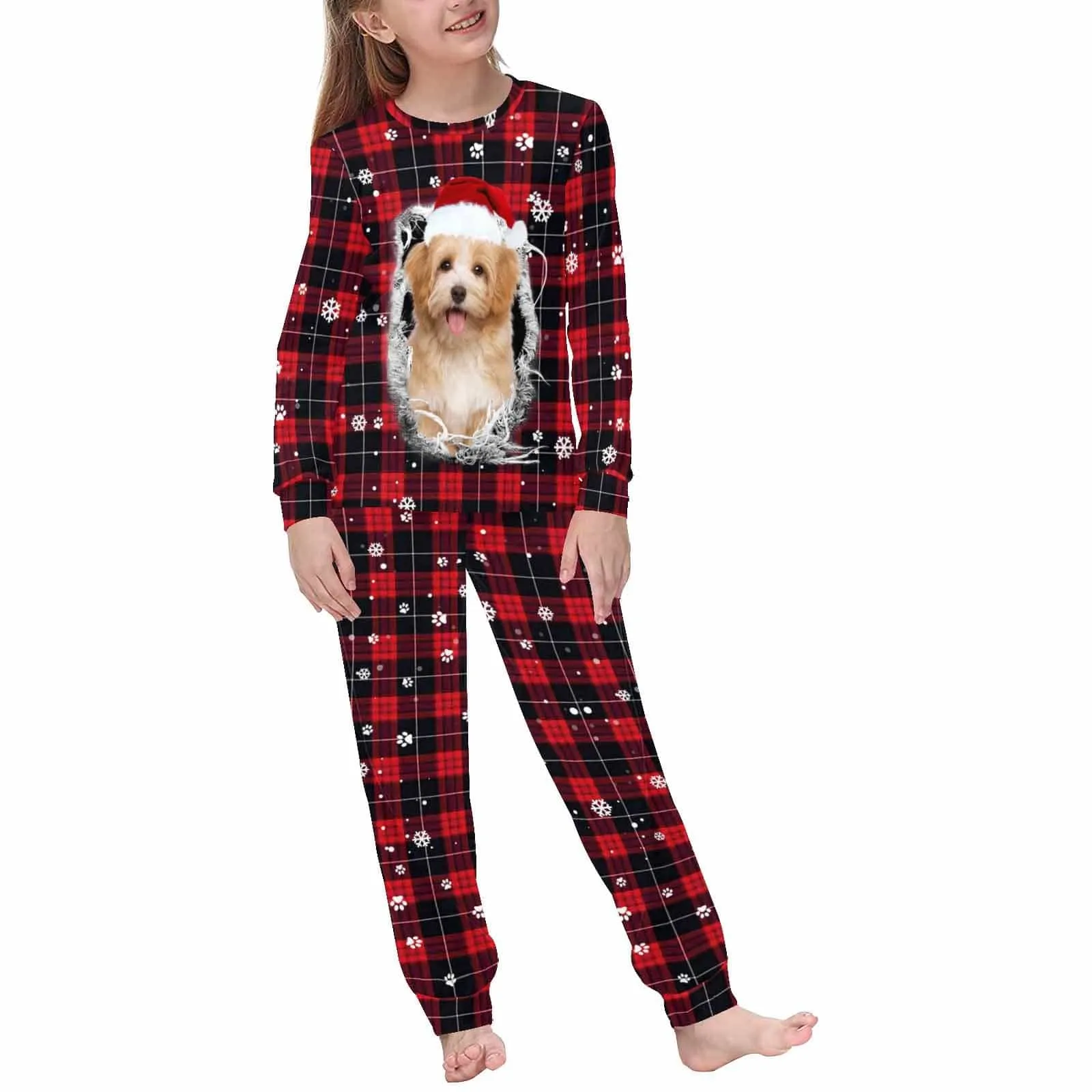 Custom Pet Big Face Red and Black Plaid Sleepwear Personalized Men Women's Long Pajama Set