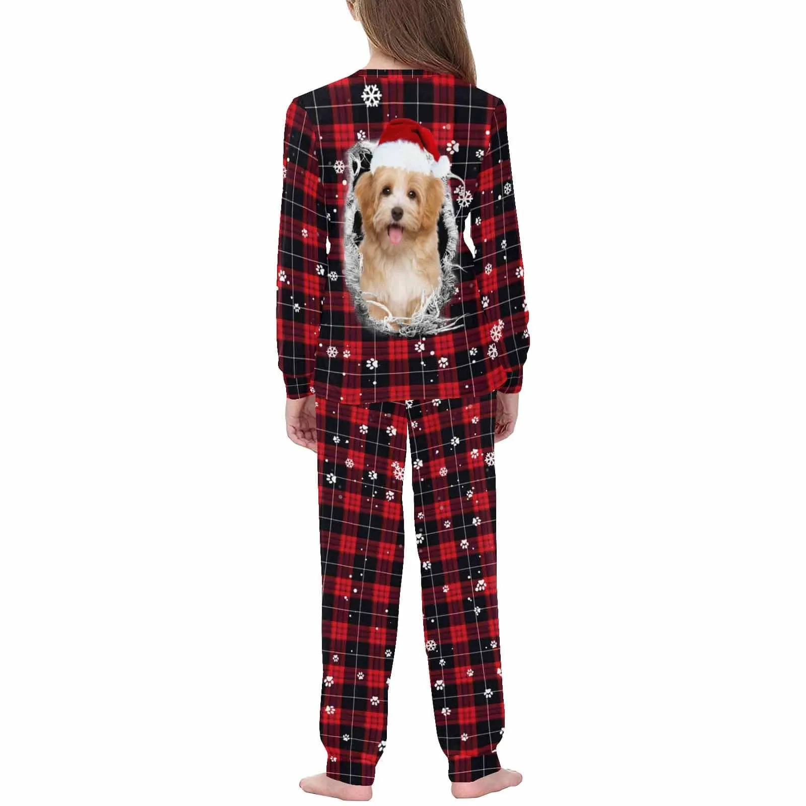 Custom Pet Big Face Red and Black Plaid Sleepwear Personalized Men Women's Long Pajama Set