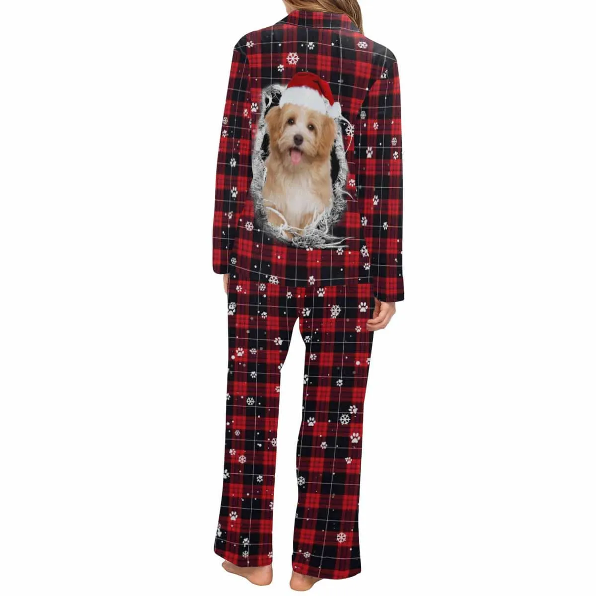 Custom Pet Big Face Red and Black Plaid Sleepwear Personalized Men Women's Long Pajama Set