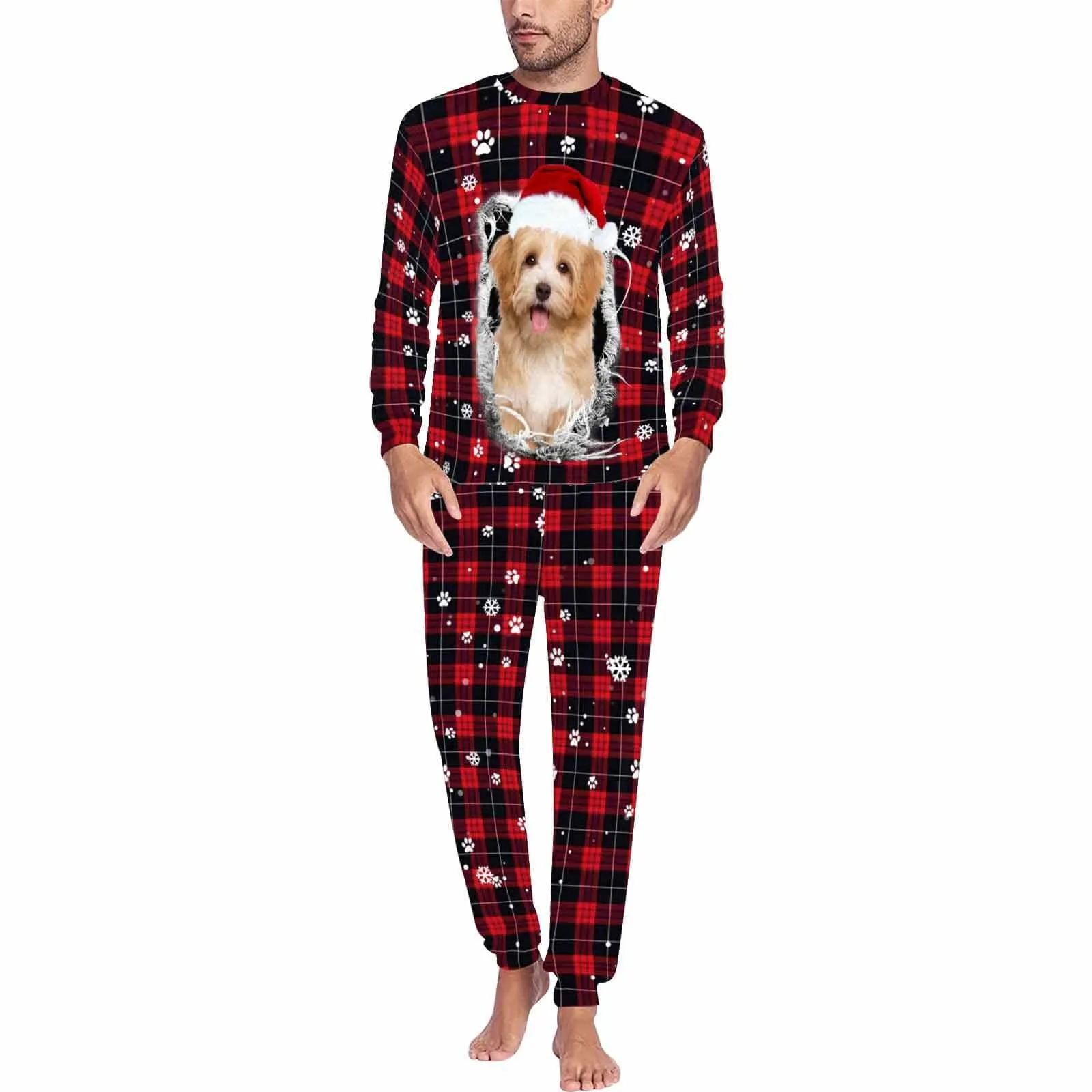 Custom Pet Big Face Red and Black Plaid Sleepwear Personalized Men Women's Long Pajama Set