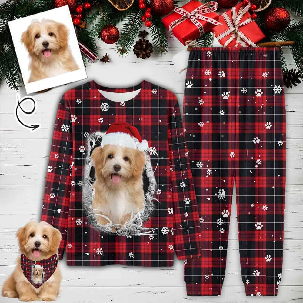 Custom Pet Big Face Red and Black Plaid Sleepwear Personalized Men Women's Long Pajama Set